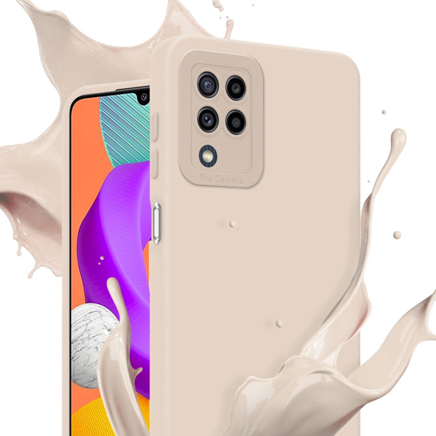 Una custodia per telefono beige con un telefono all'interno. Uno spruzzo di liquido sullo sfondo.