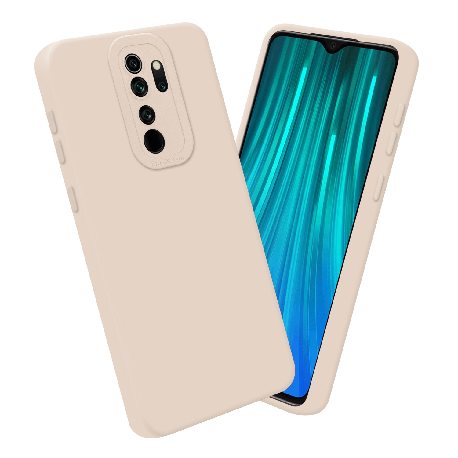 Custodia beige con telefono. Ha più obiettivi.