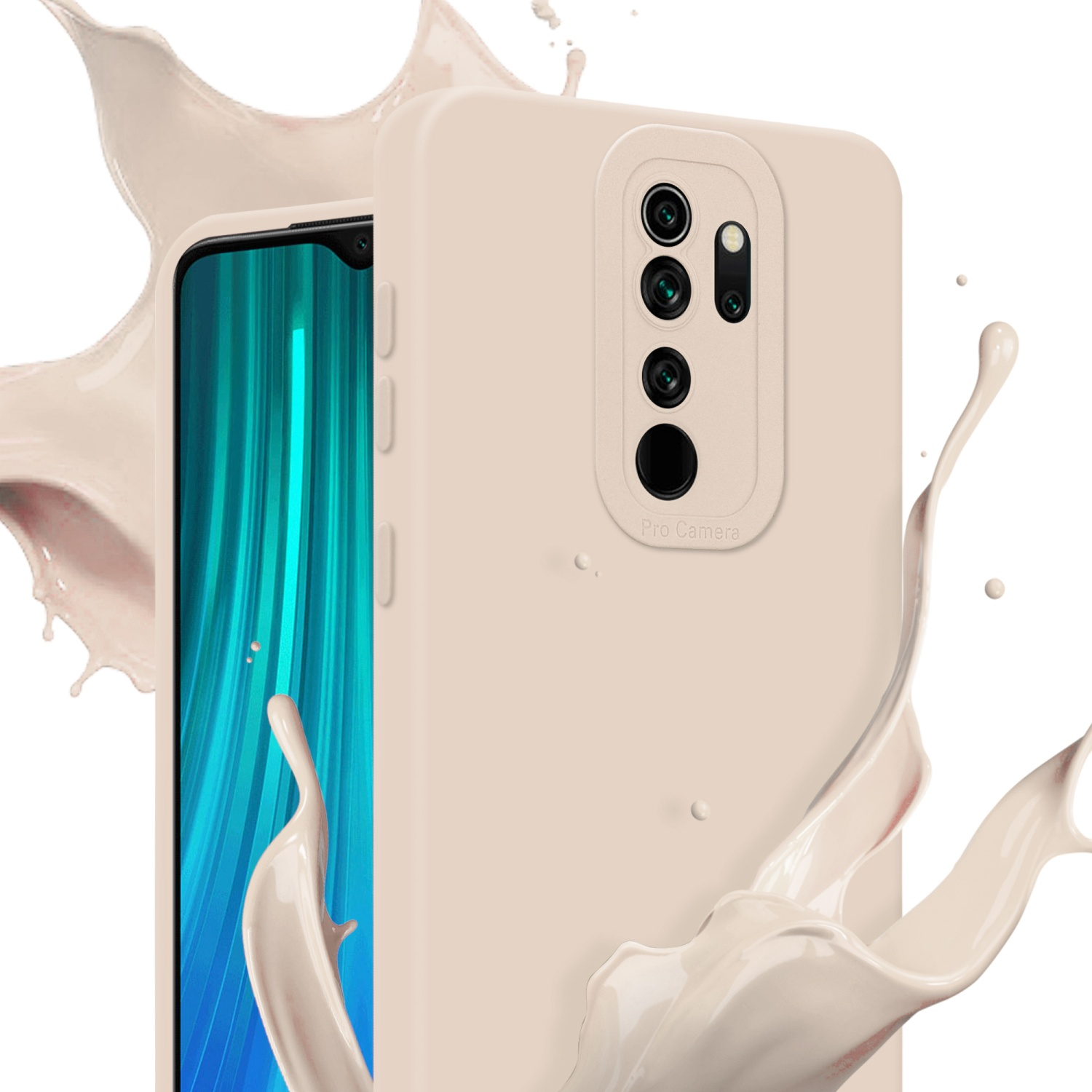 Custodia beige per telefono con telefono. Schizzi di liquido beige intorno al telefono.