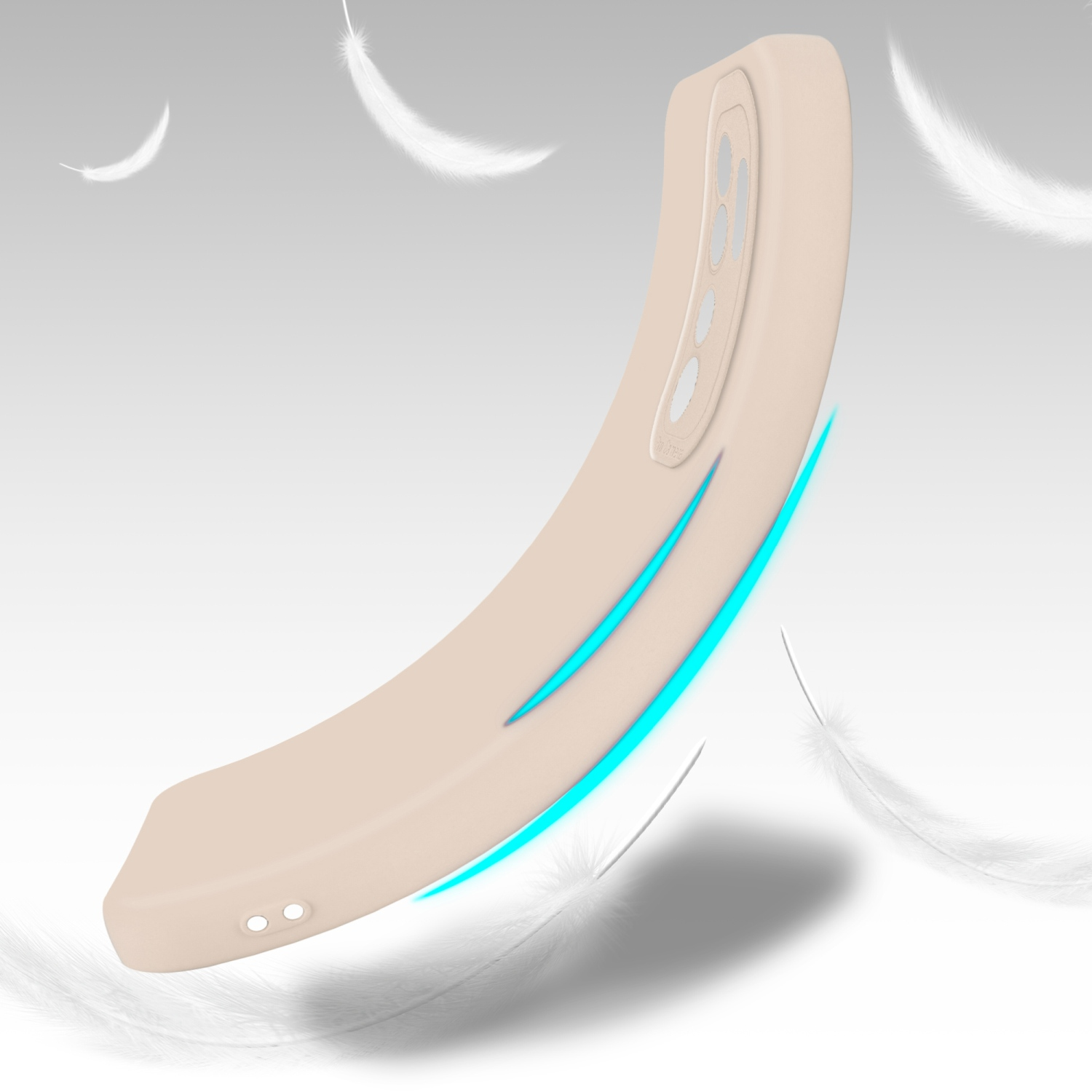 Custodia beige per telefono, design curvo, dettagli blu, piume fluttuanti.