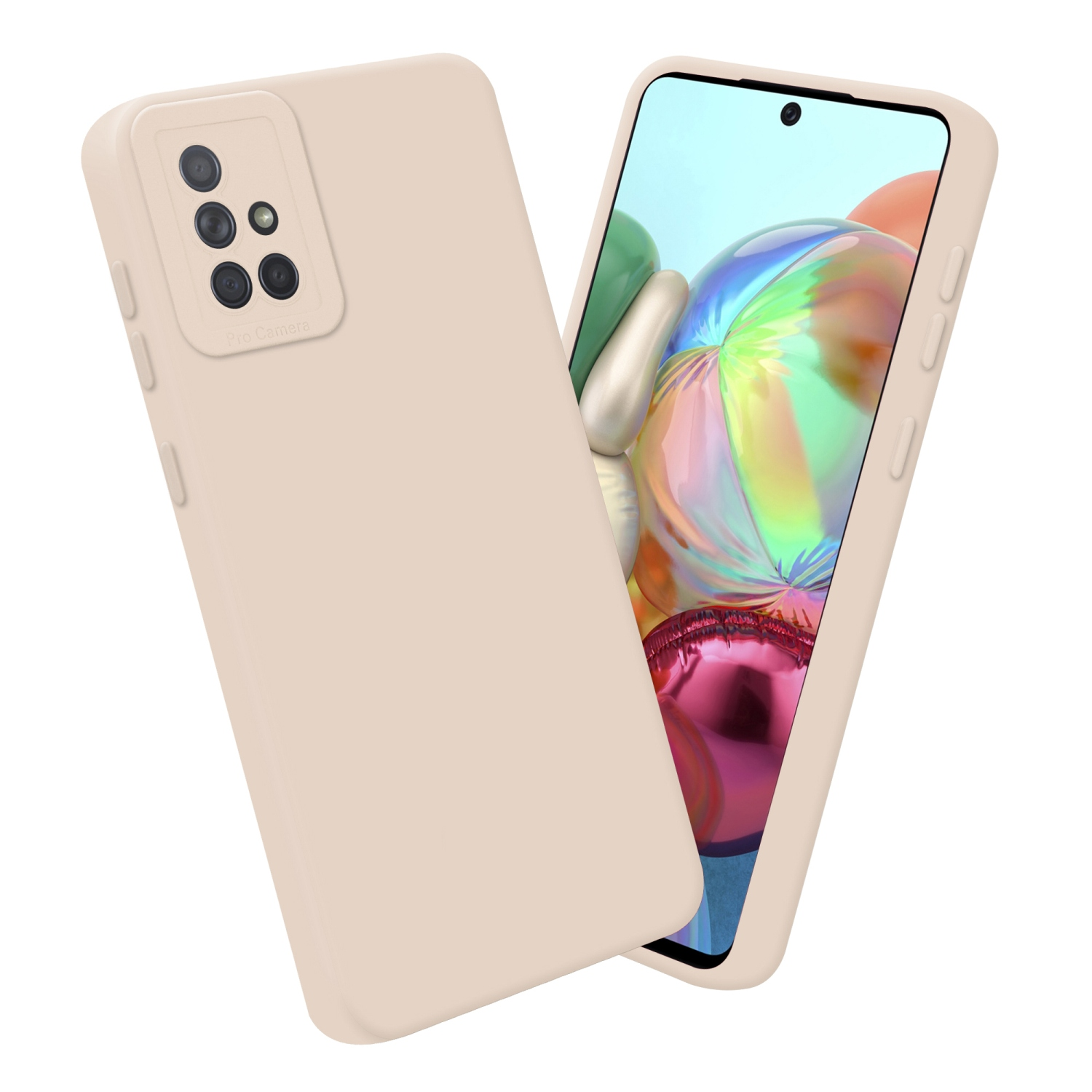 Deux étuis de téléphone, un avec un téléphone affichant un écran coloré, et un autre à côté.