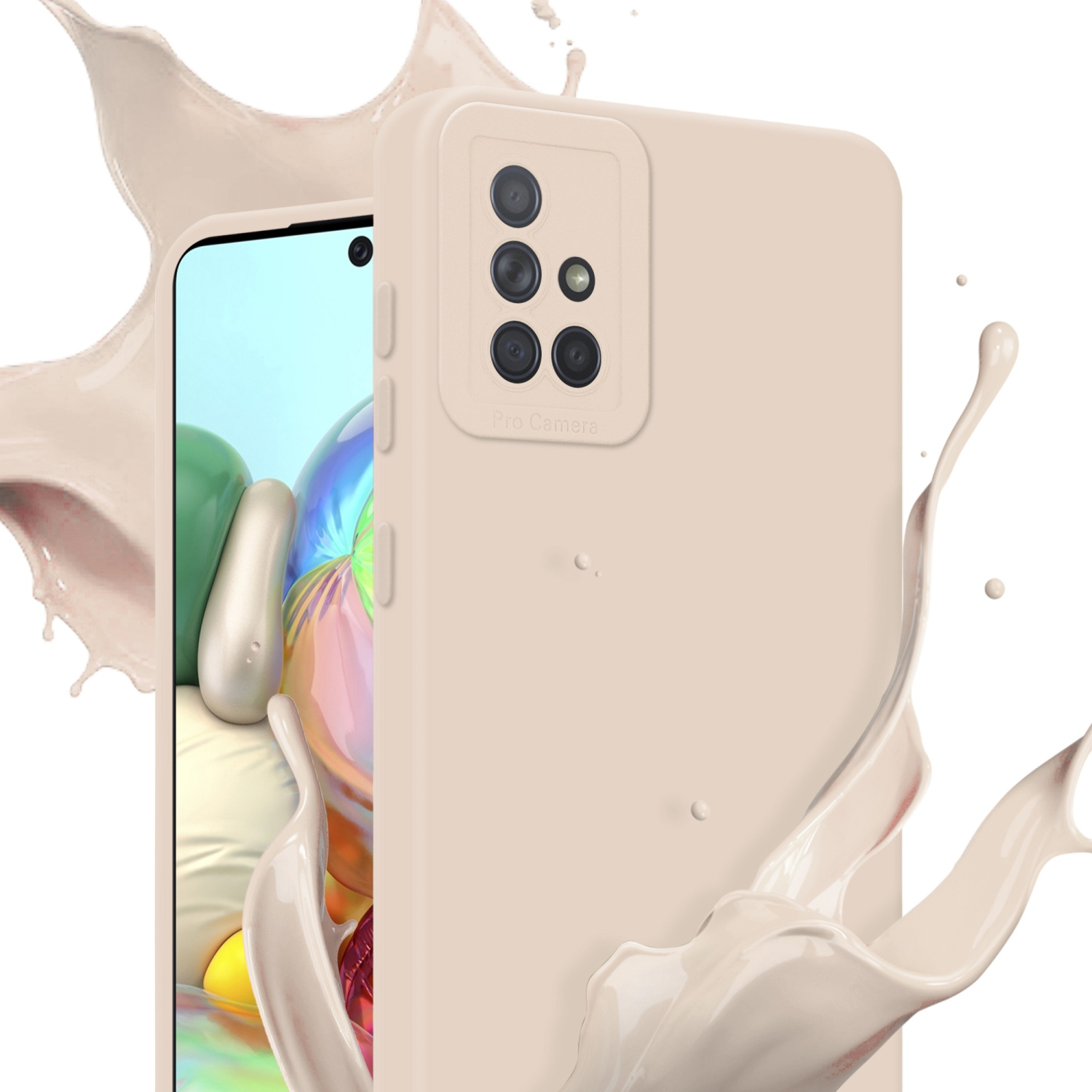 Coque de smartphone avec un téléphone à l'intérieur et effet d'éclaboussure, couleur rose clair, sur blanc.