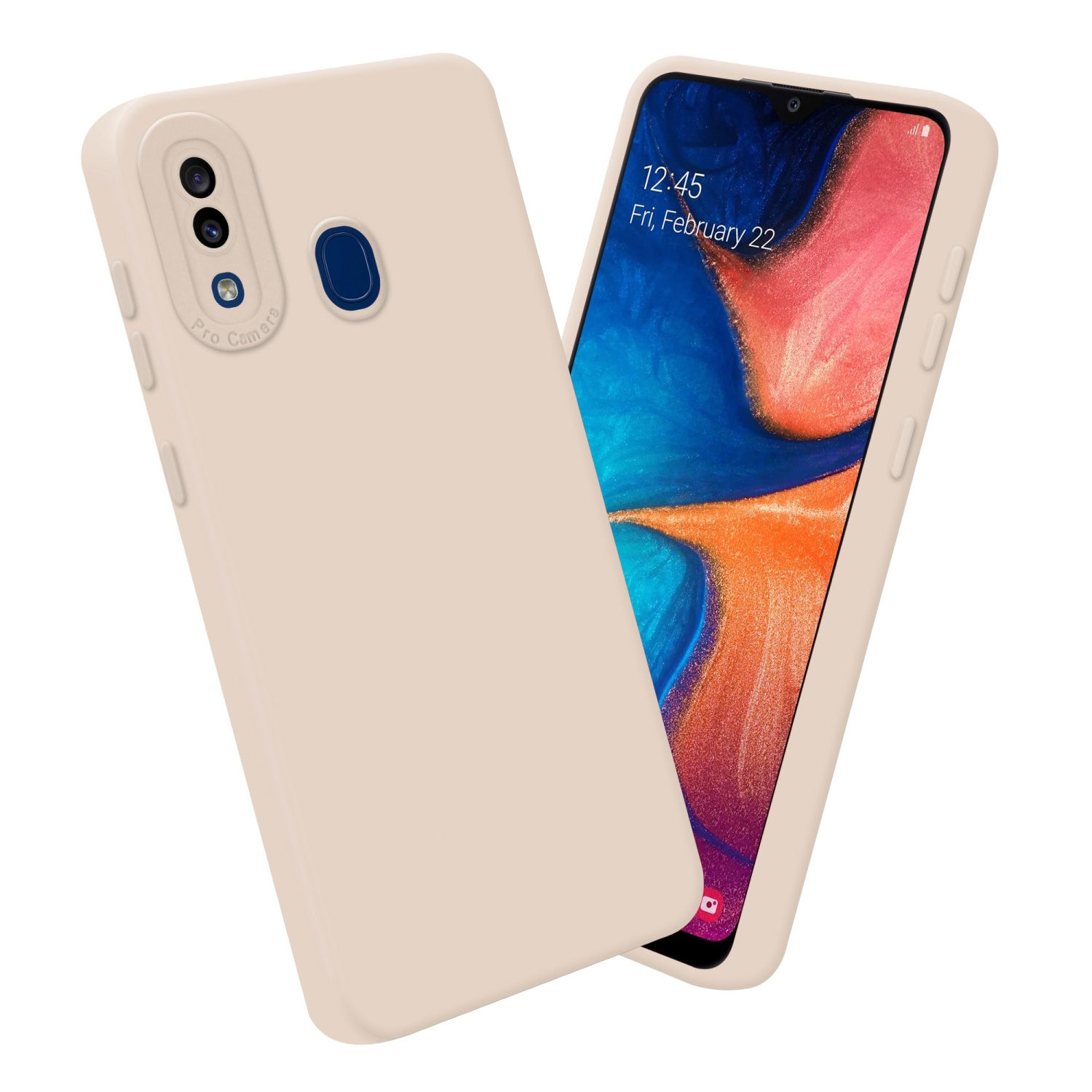 Custodia beige per telefono con il telefono all'interno. Lo schermo mostra l'ora e la data.