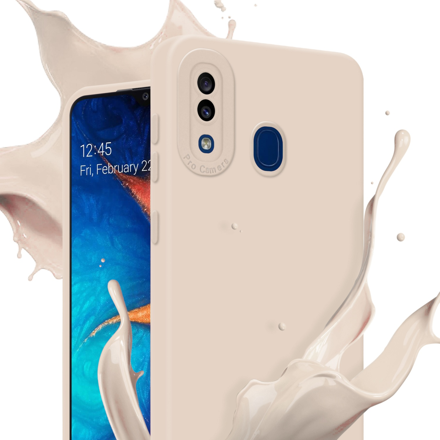 Custodia beige con telefono dentro, spruzzo di crema visibile e dettagli fotocamera pro.