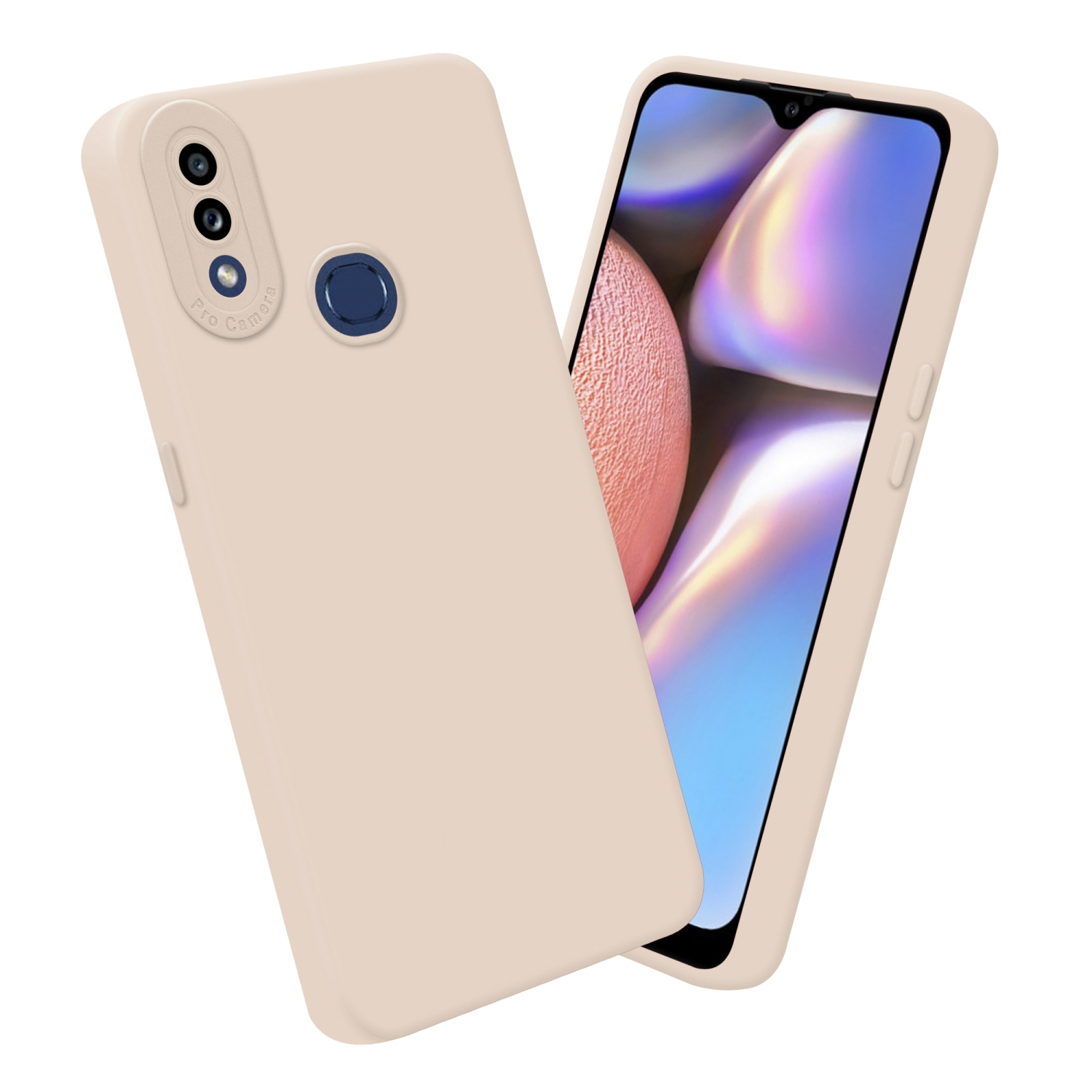 Due telefoni beige chiaro. Uno è angolato, mostrando lo schermo, l'altro mostra il modulo fotocamera.