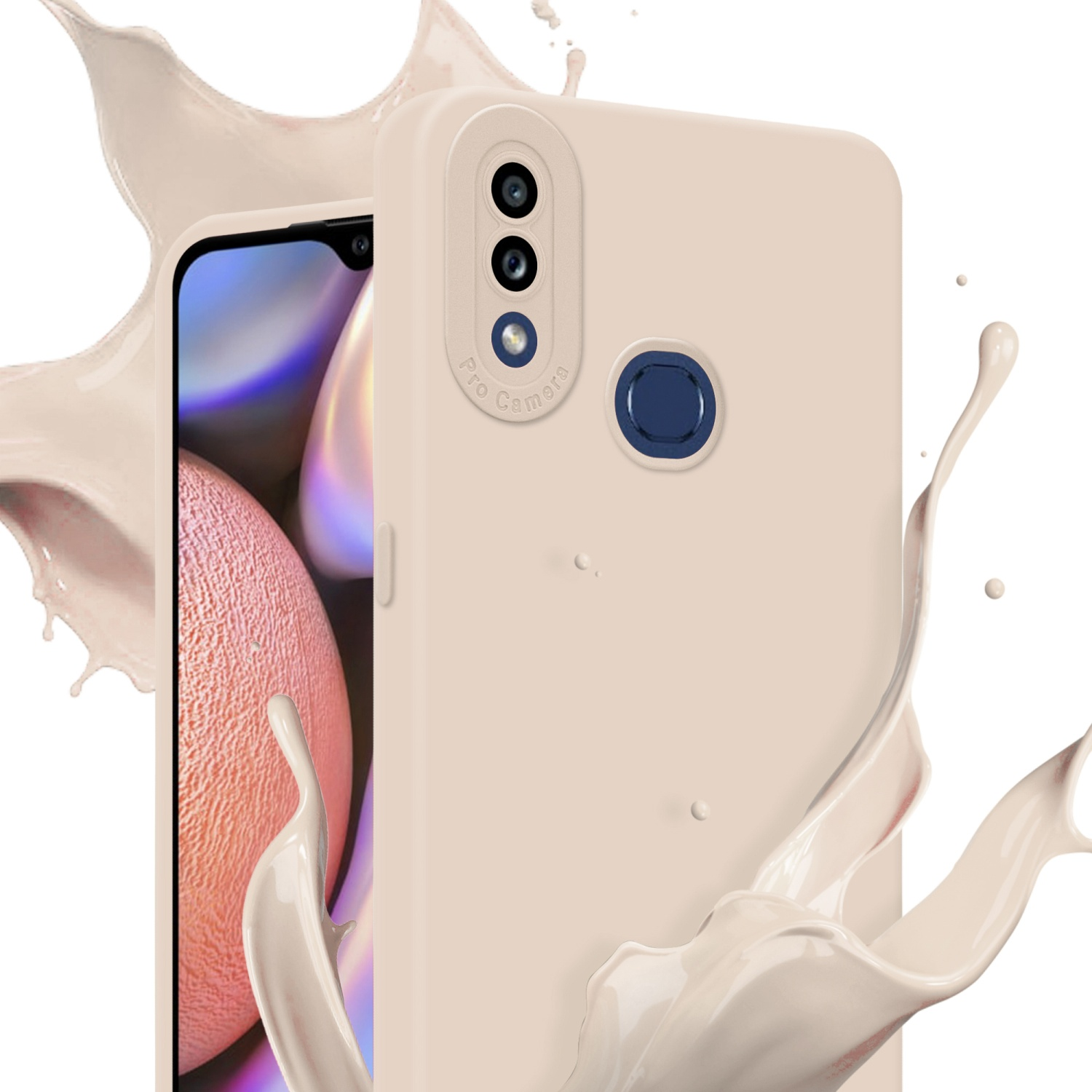 Custodia beige per telefono con un telefono parzialmente all'interno. Effetti di spruzzi cremosi intorno al telefono.