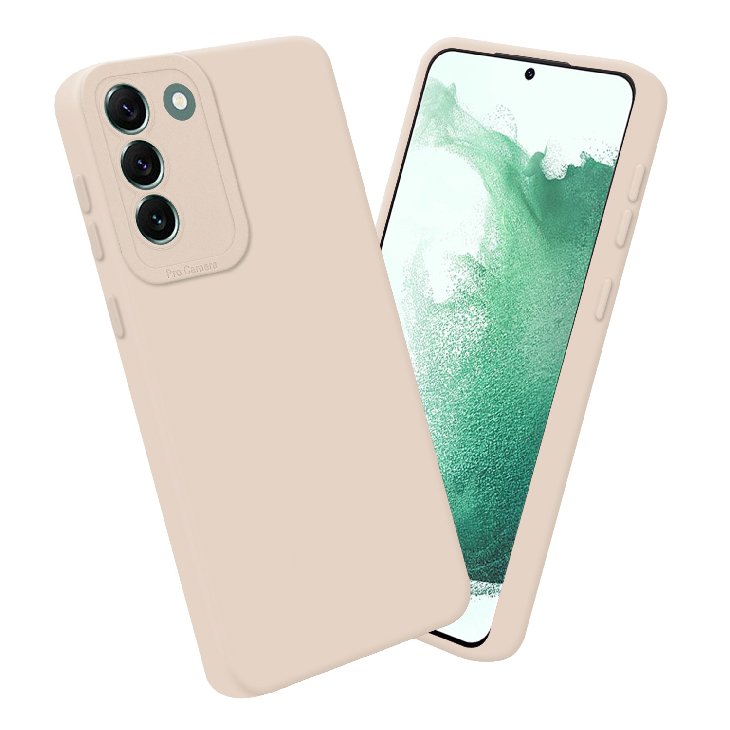 Custodia beige con tre lenti della fotocamera, accanto a un telefono con schermo verde.