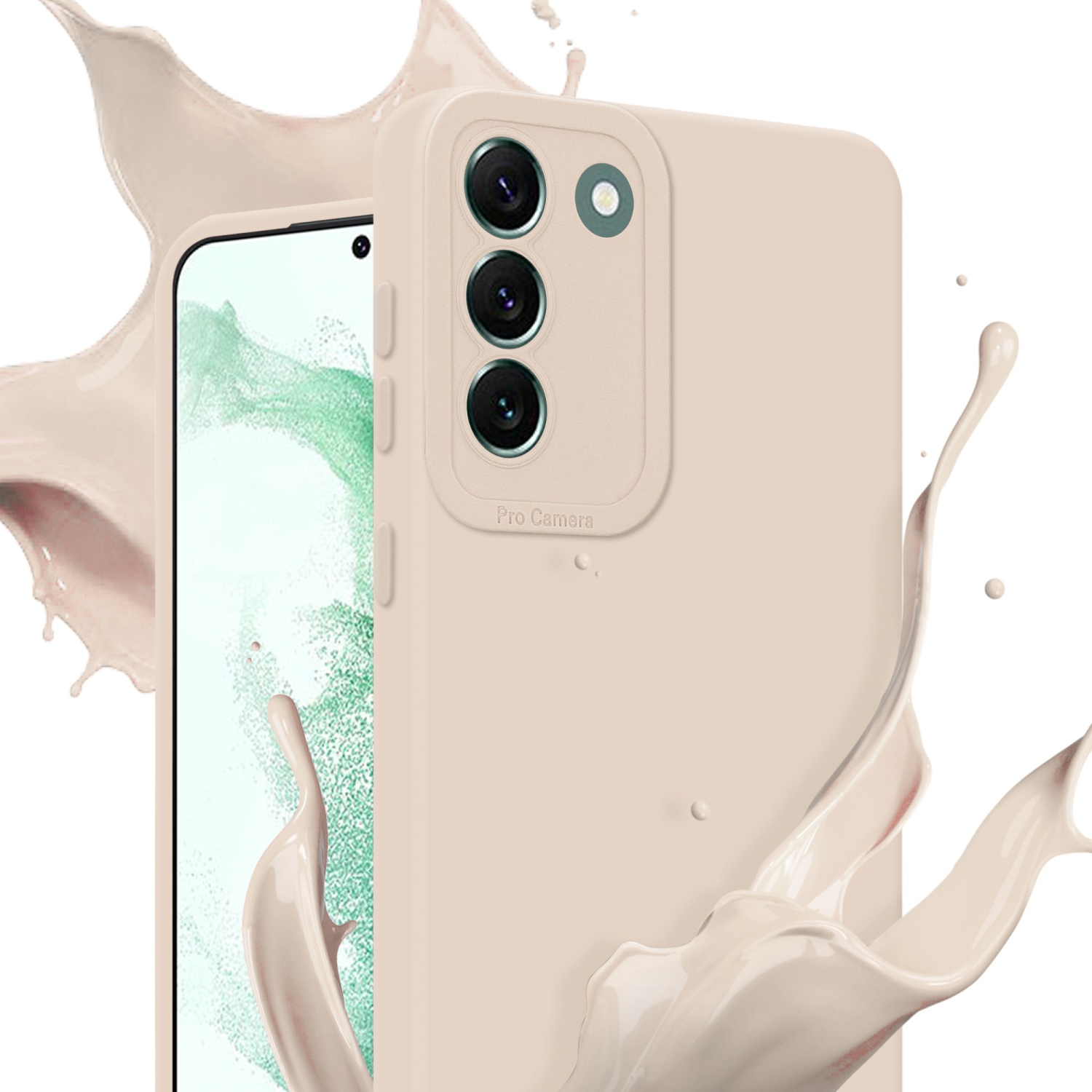 Custodia per telefono beige con un telefono all'interno e uno spruzzo di liquido sullo sfondo.