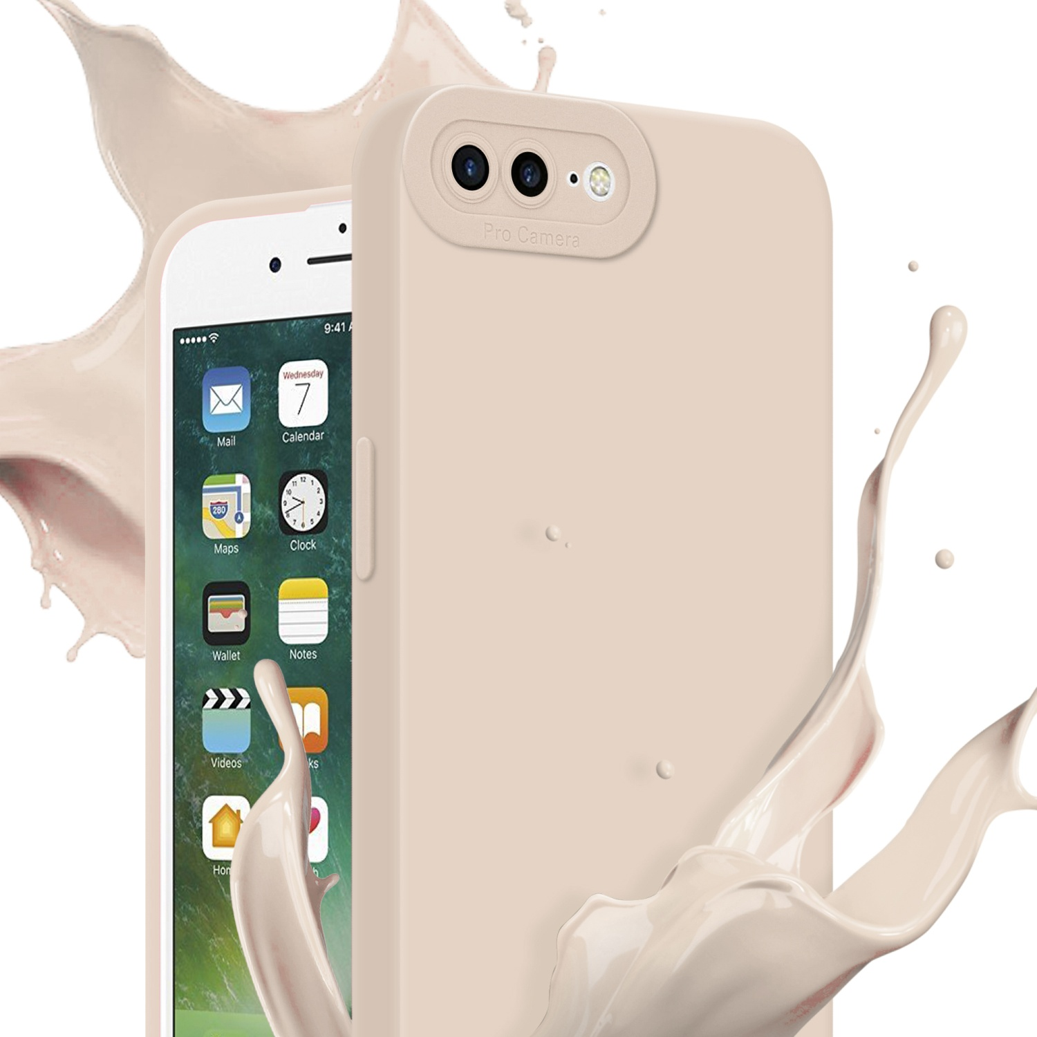 Telefono beige con copertura della fotocamera e schizzo di liquido bianco, che mostra una schermata dell'app.