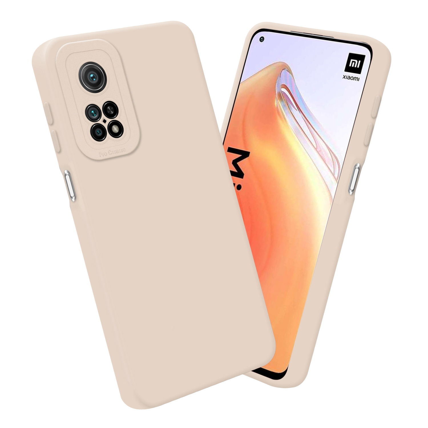 Due custodie beige per telefono, una con un telefono che mostra un logo Xiaomi e fotocamere.