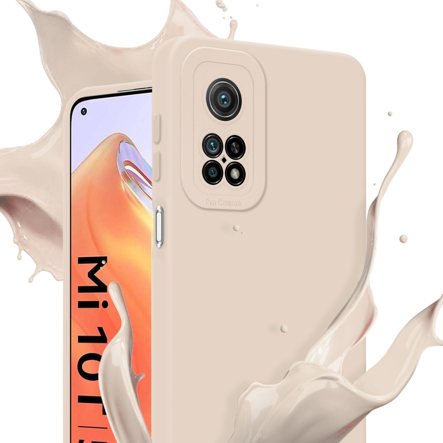 Un telefono in una custodia beige con uno spruzzo di panna e uno sfondo sfocato, marchio Mi 10T Lite.