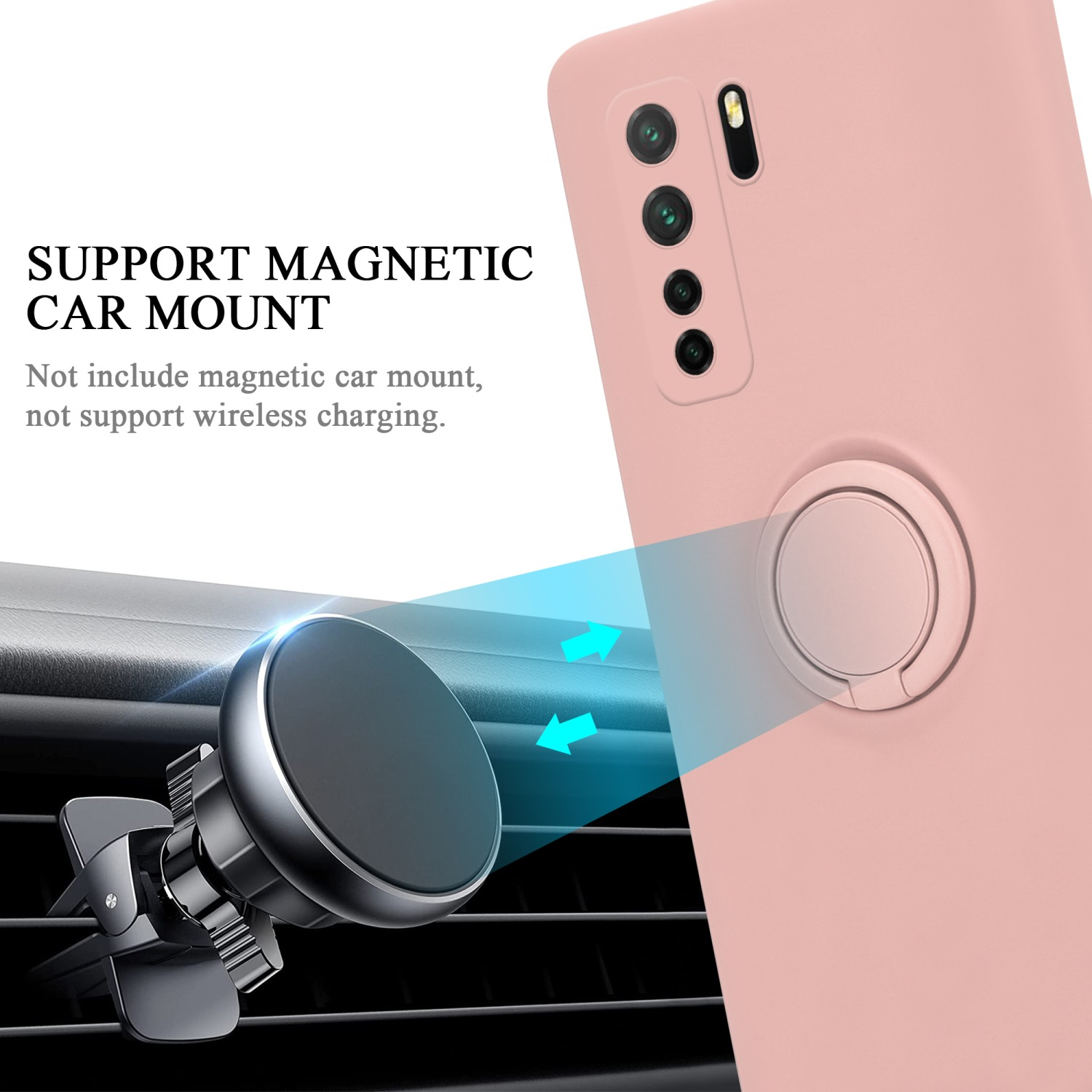 Eine rosa Handyhülle mit Ringhalterung und einer Lüftungshalterung im Auto, im Auto.