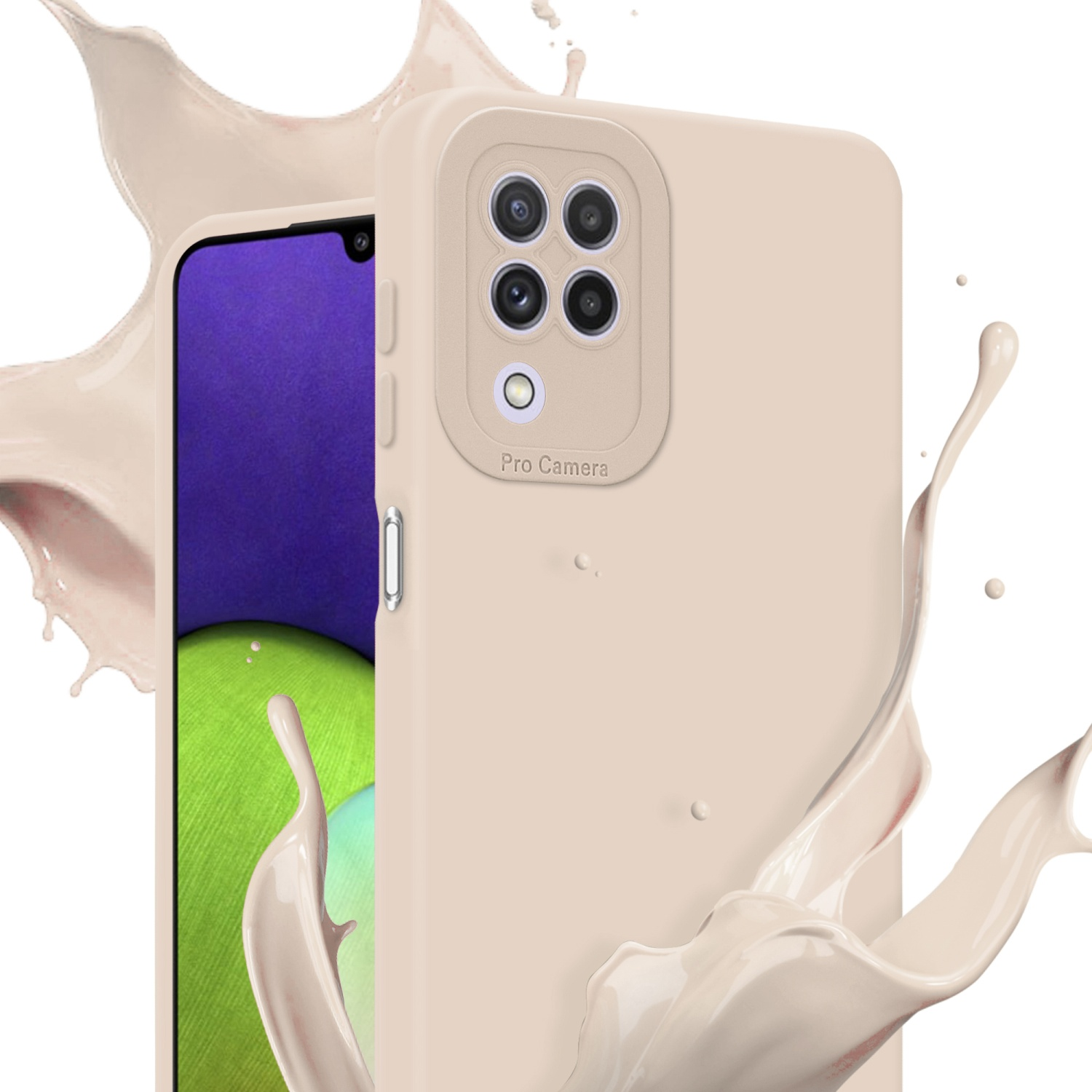 Une coque de téléphone beige avec une éclaboussure de crème sur fond blanc.