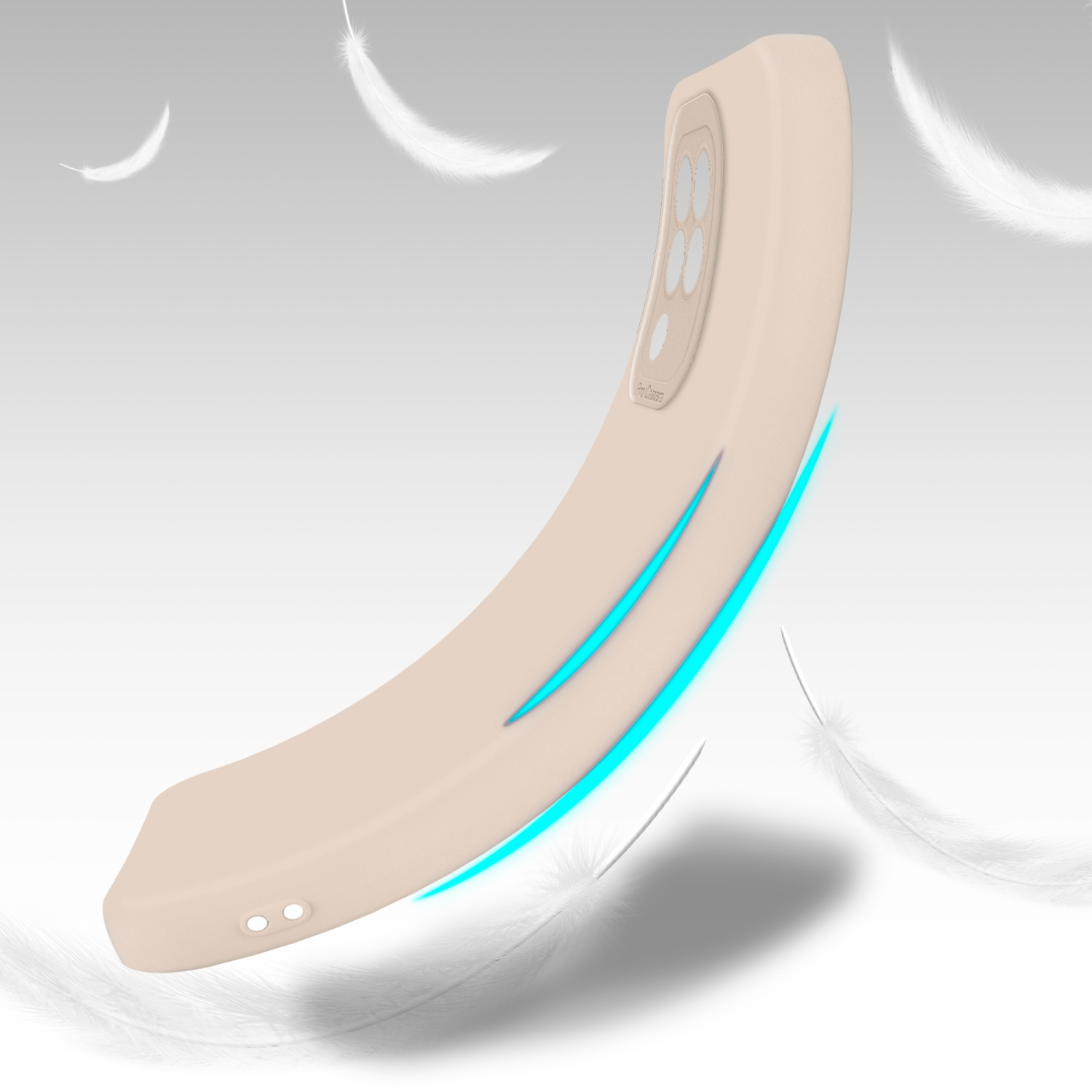 Une coque de téléphone beige avec un design incurvé, avec des plumes flottant en arrière-plan.