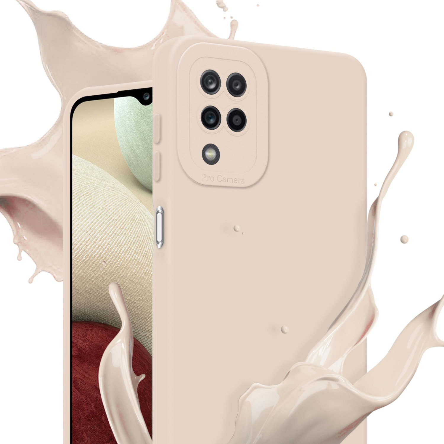 Smartphone in custodia rosa con protuberanza fotocamera. Schizzi di liquido.