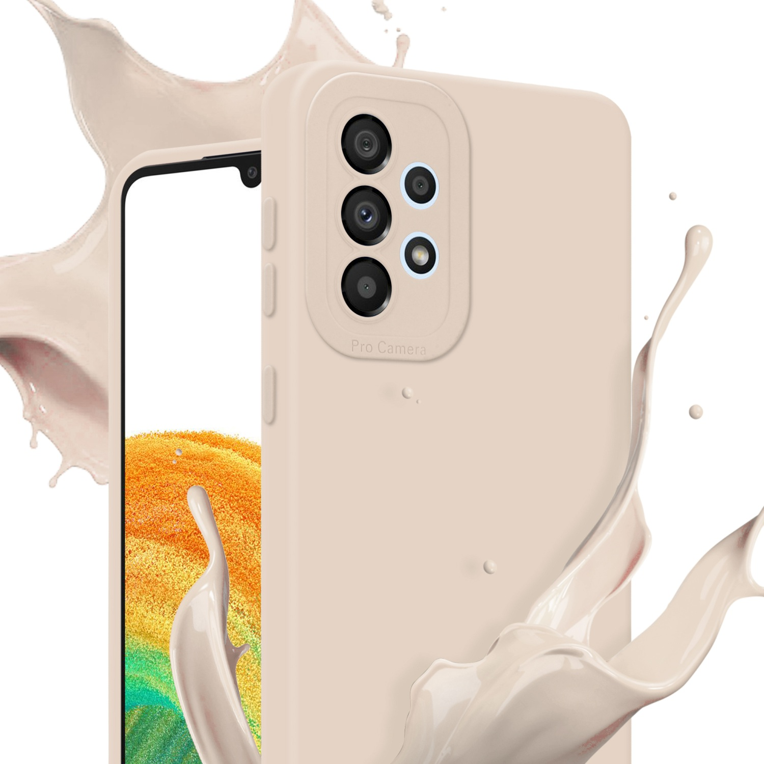 Coque de téléphone beige avec un téléphone. Éclaboussure de liquide. Plusieurs caméras visibles. Fond blanc.