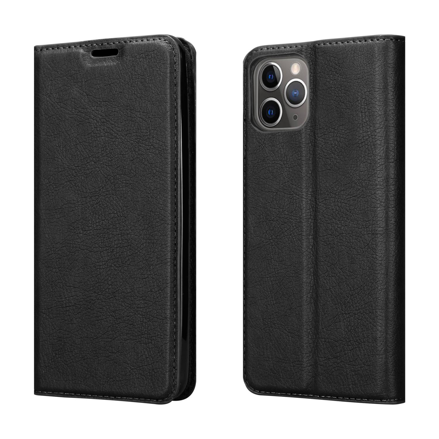 Schwarze Handyhülle. Links die geschlossene Hülle. Rechts das Handy in der geöffneten Hülle.