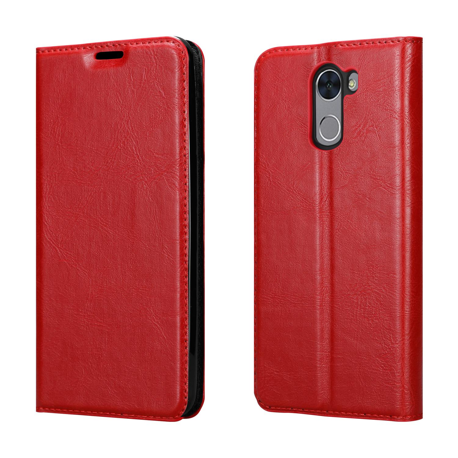 Eine rote Leder-Handyhülle, offen und geschlossen. Ein Telefon befindet sich in einer Seite, sichtbar im offenen Etui.