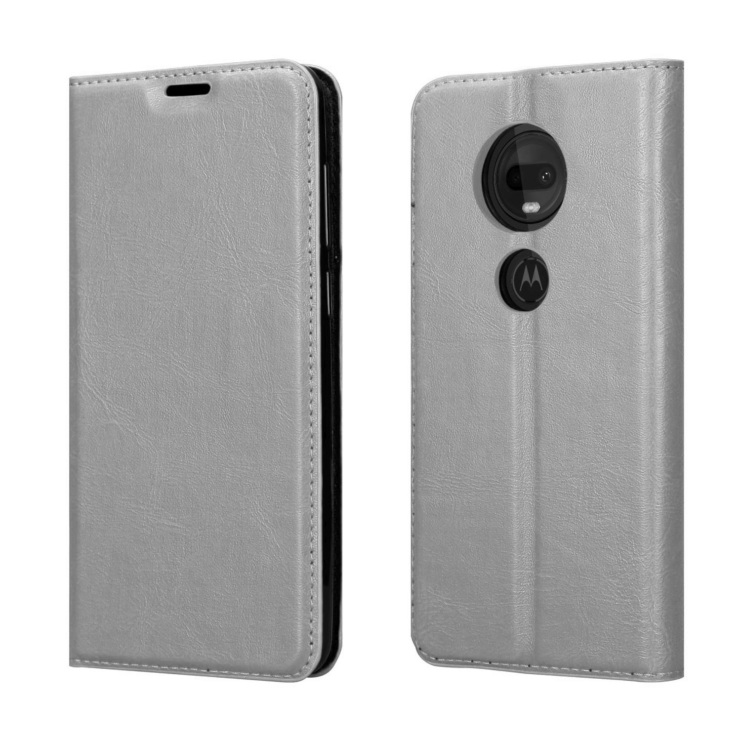 Zweiteilige graue Handyhülle, offen, Innenansicht, mit Kameraaussparung und Motorola-Logo.