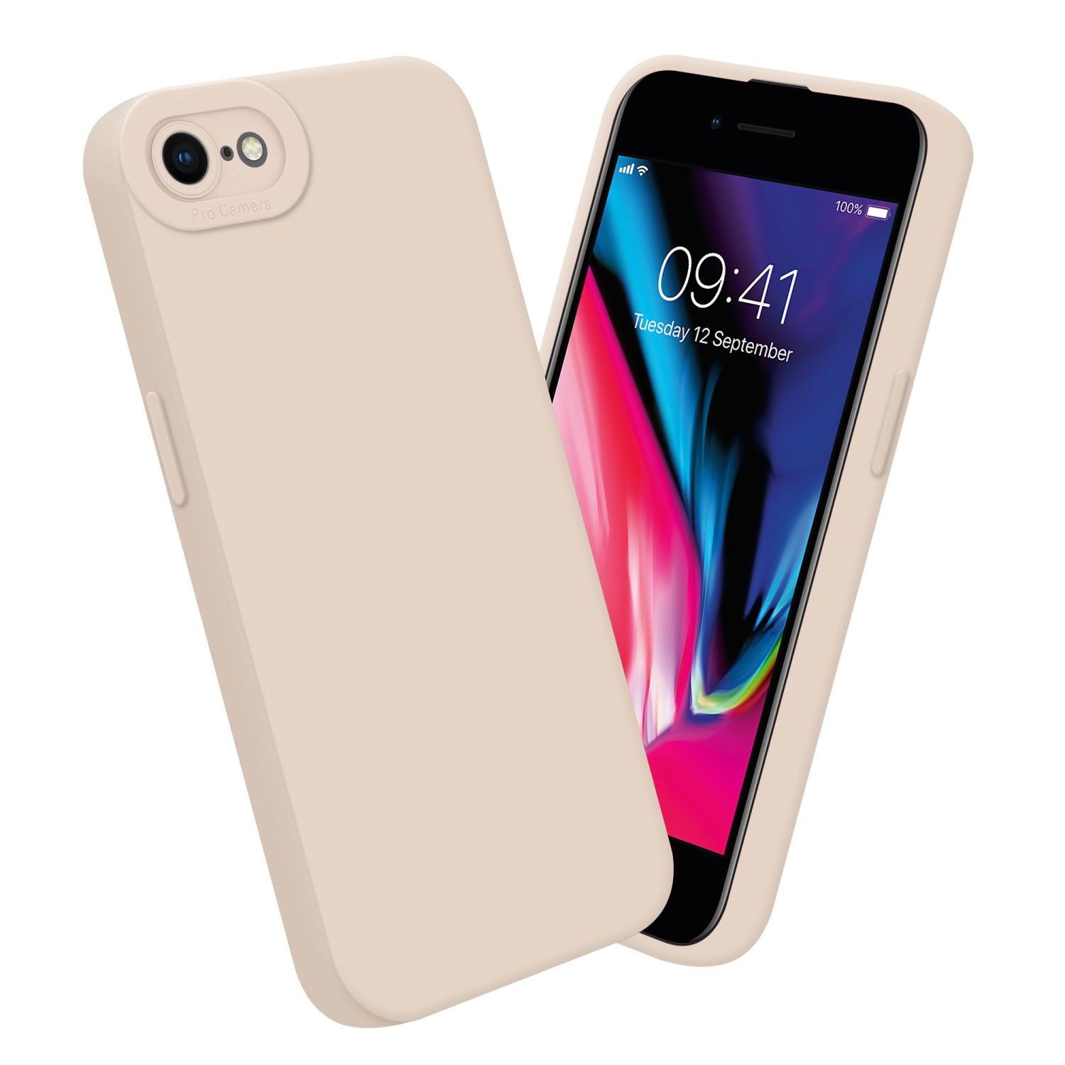 Cover per telefoni beige, una con telefono dentro, l'altra vuota. Fotocamera e schermo visibili.