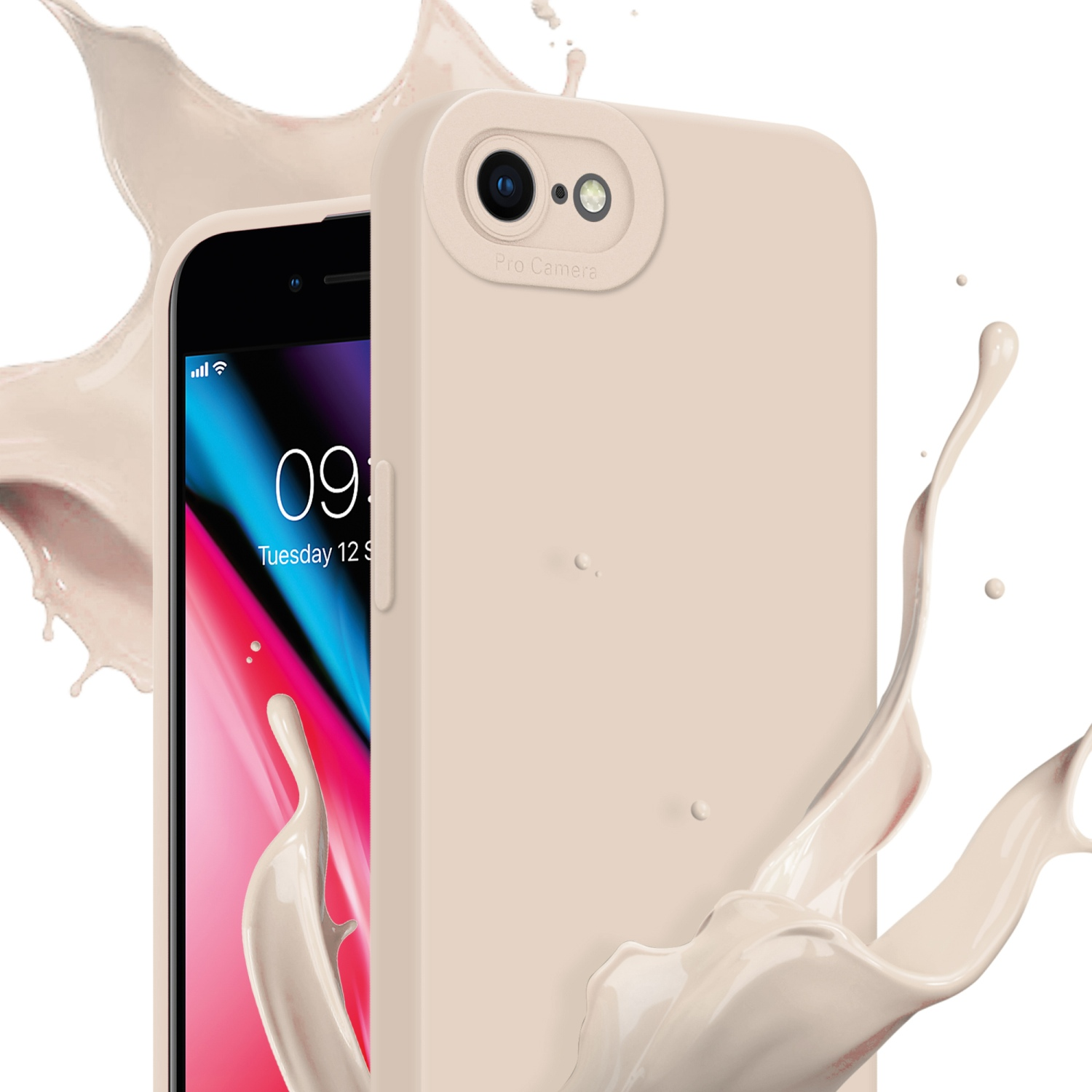 Custodia beige per telefono con telefono nero all'interno, con spruzzo di liquido.