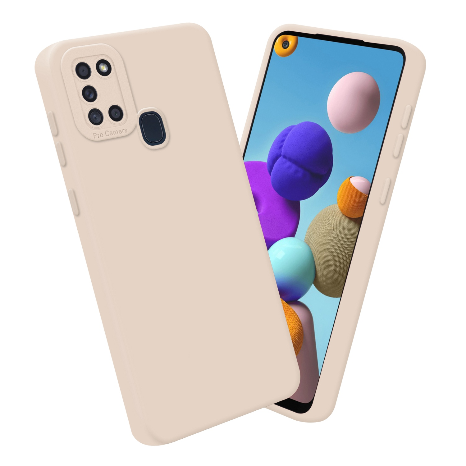 Une coque de téléphone de couleur marron clair, avec un téléphone à l'intérieur. Le téléphone a un fond coloré.