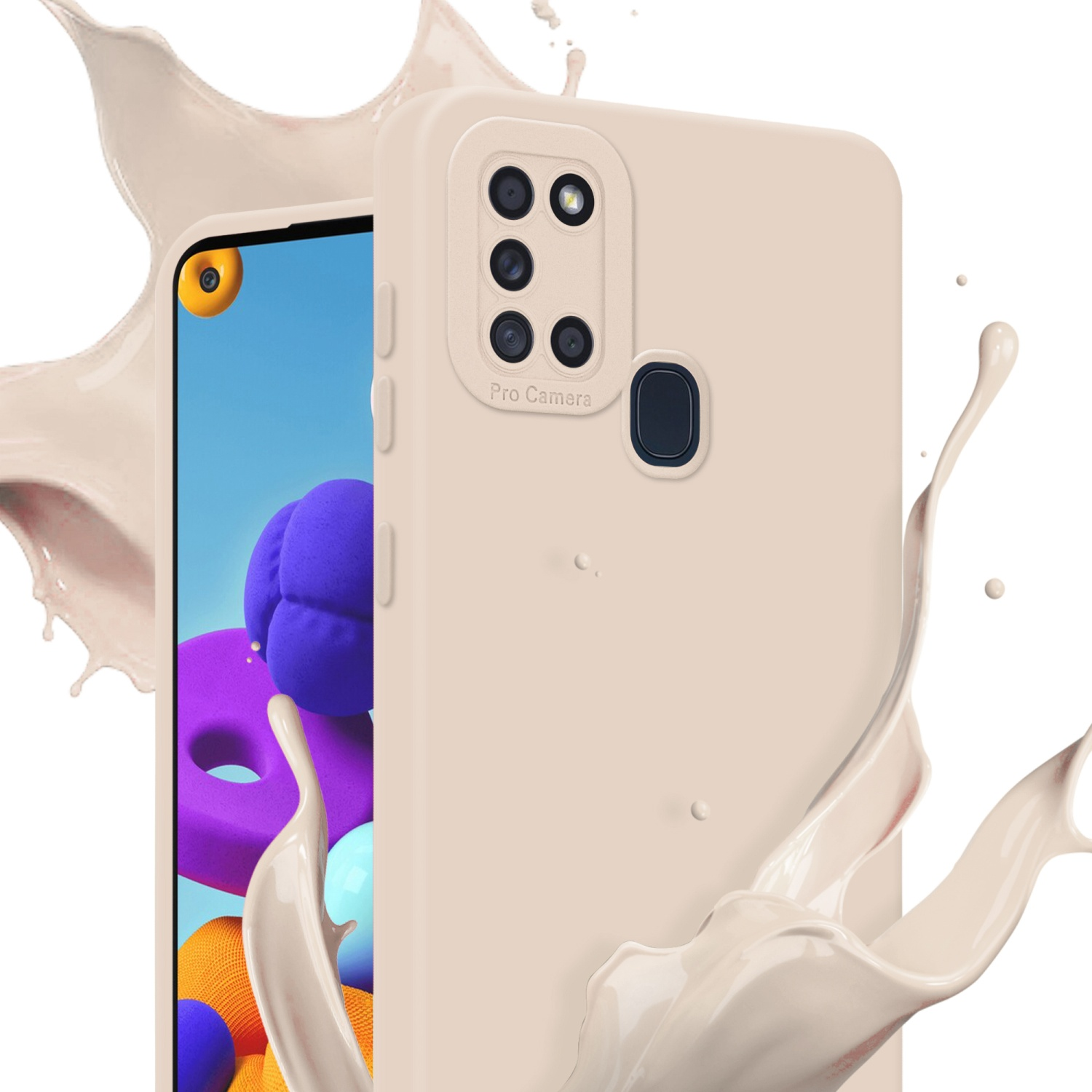 Une coque de téléphone beige avec une bosse de caméra, une éclaboussure de liquide beige et téléphone.