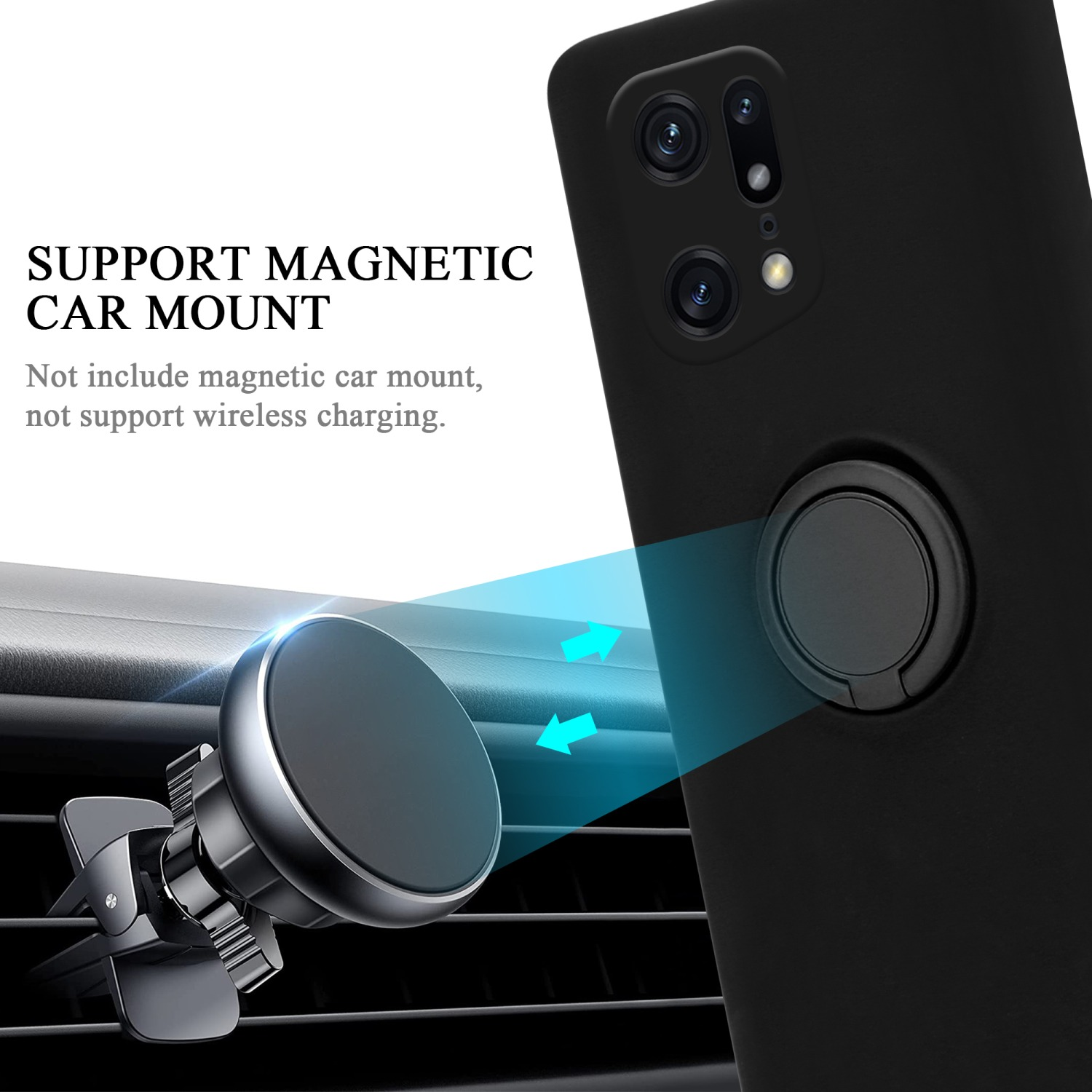 Un telefono nero con un anello magnetico viene attaccato a un supporto per auto.
