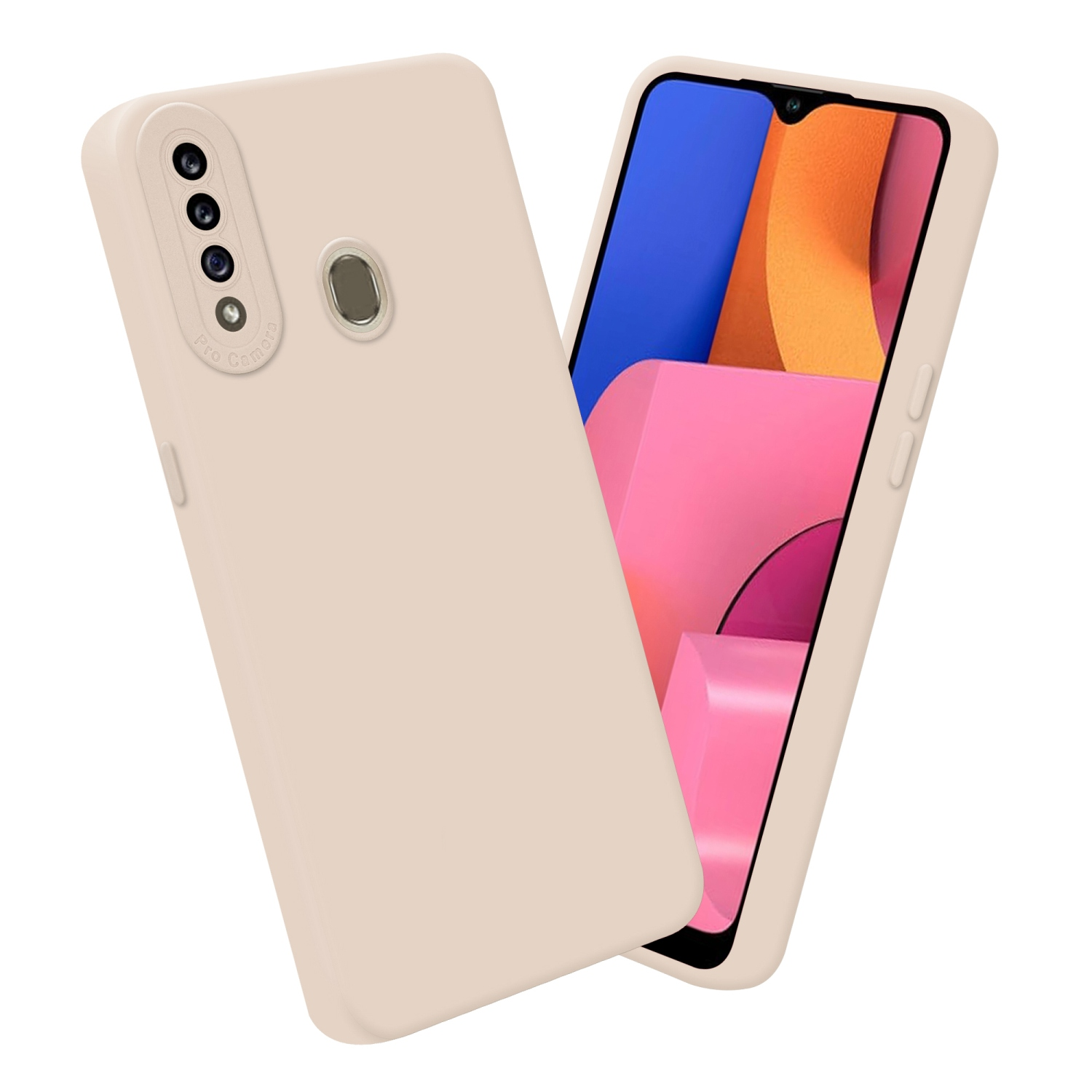 Beige Handyhülle mit Telefon. Pro Kamera ist geschrieben. Telefon mit drei Kameras.