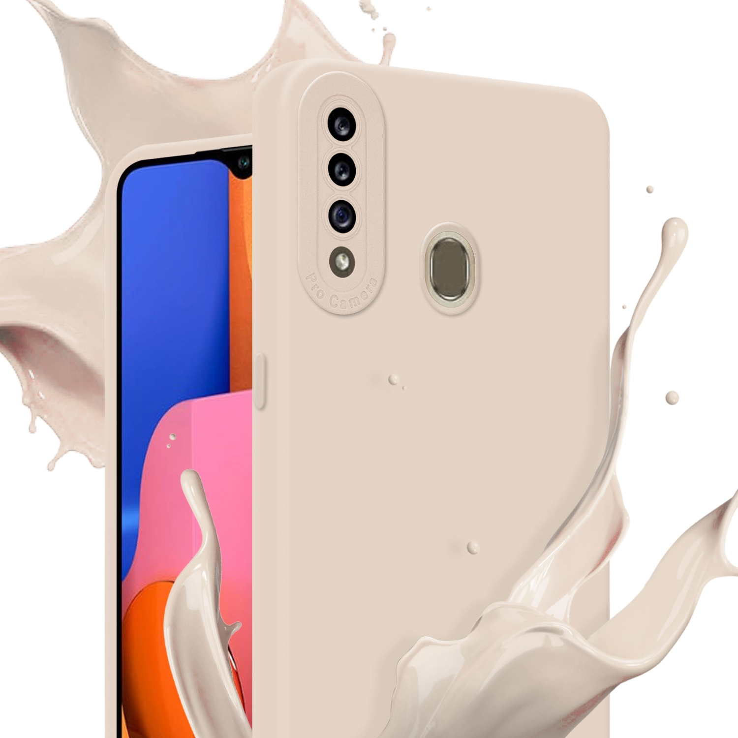 Beige Handyhülle mit Telefon. Hülle hat Kamerabuckel und Sahnespritzer.