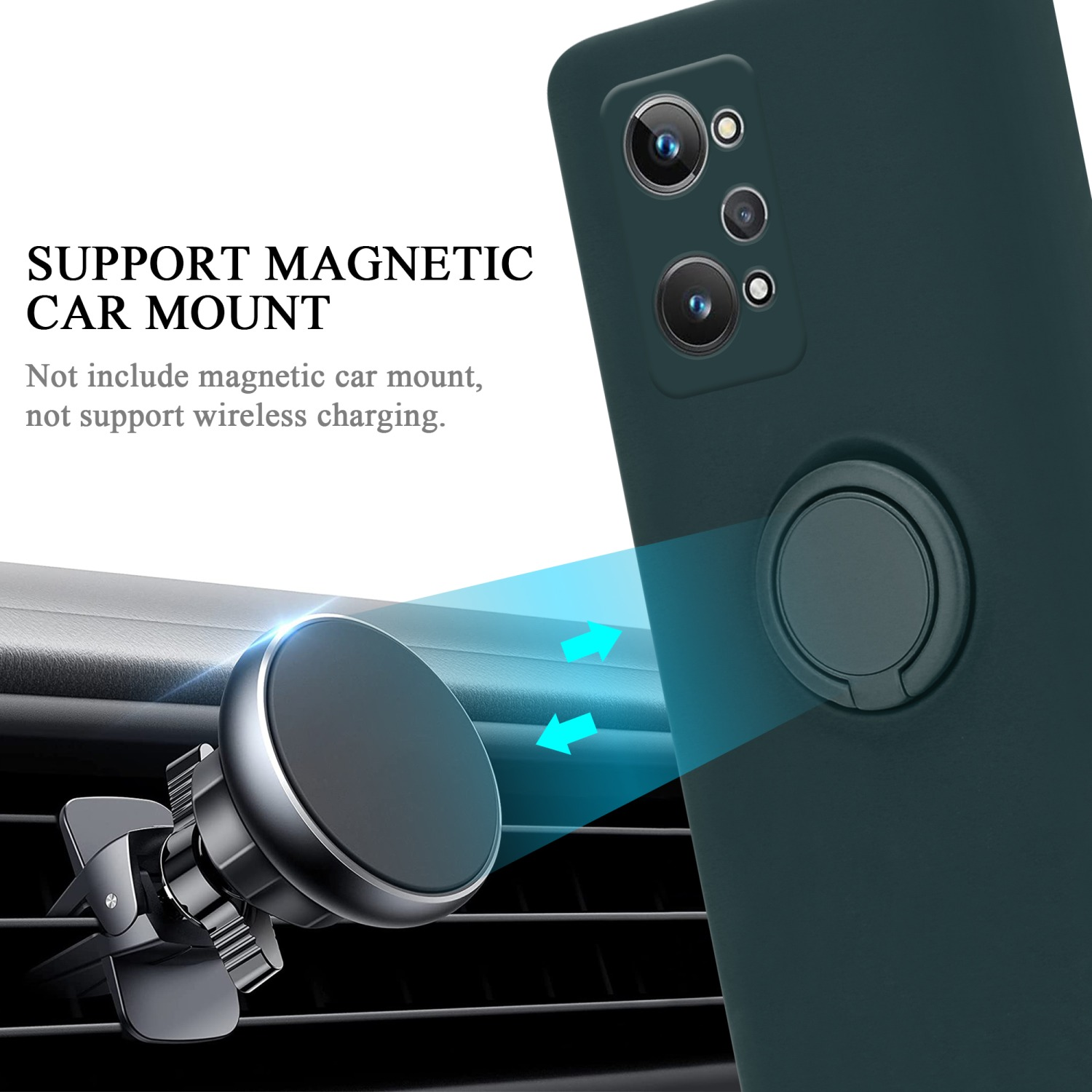 Custodia verde con supporto ad anello, montata nella presa d'aria di un'auto, supporto magnetico.