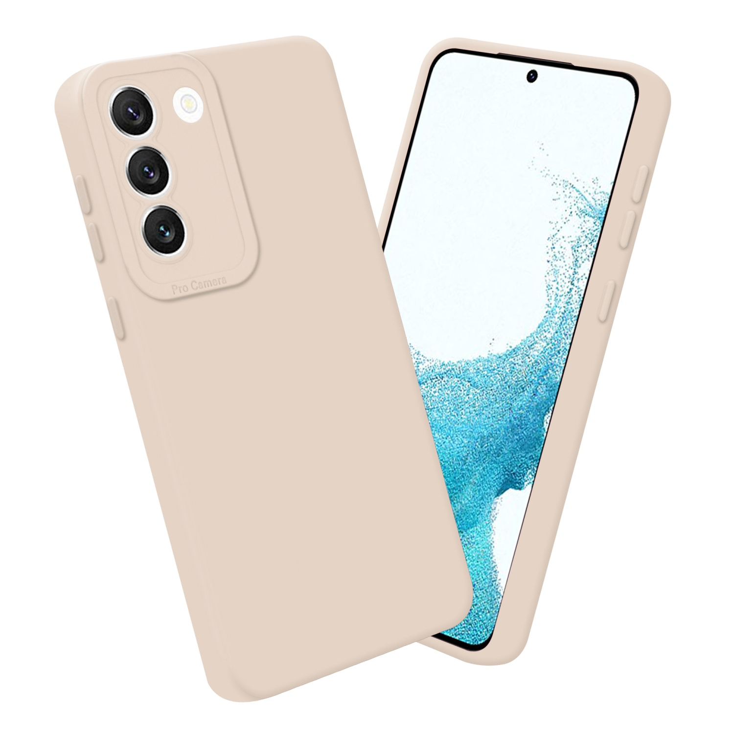 Due custodie beige per telefono e un telefono. Pro Camera è scritto su una custodia.