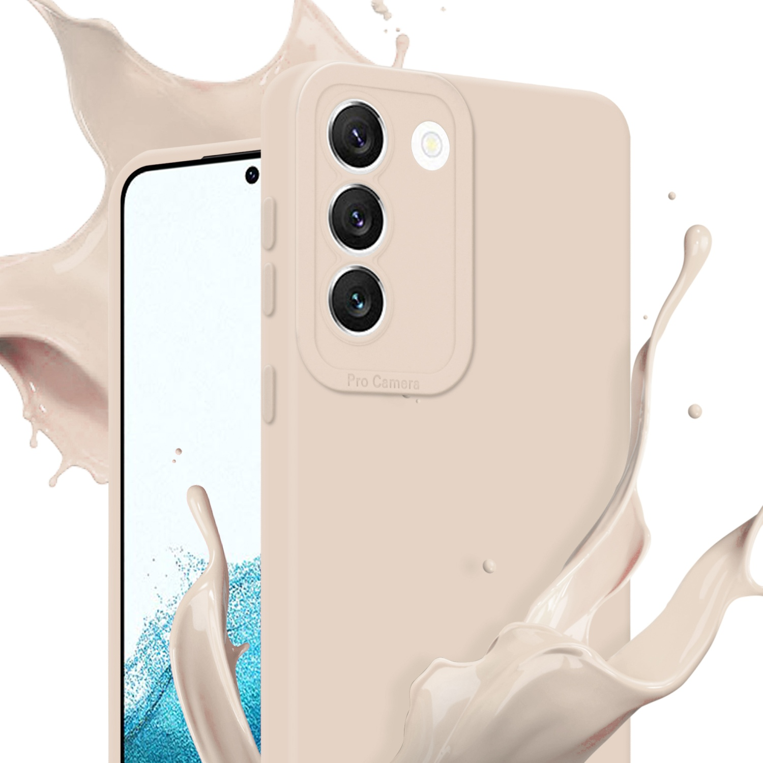 Una custodia beige per telefono con un gruppo fotocamere e schizzi di liquido, su sfondo bianco.