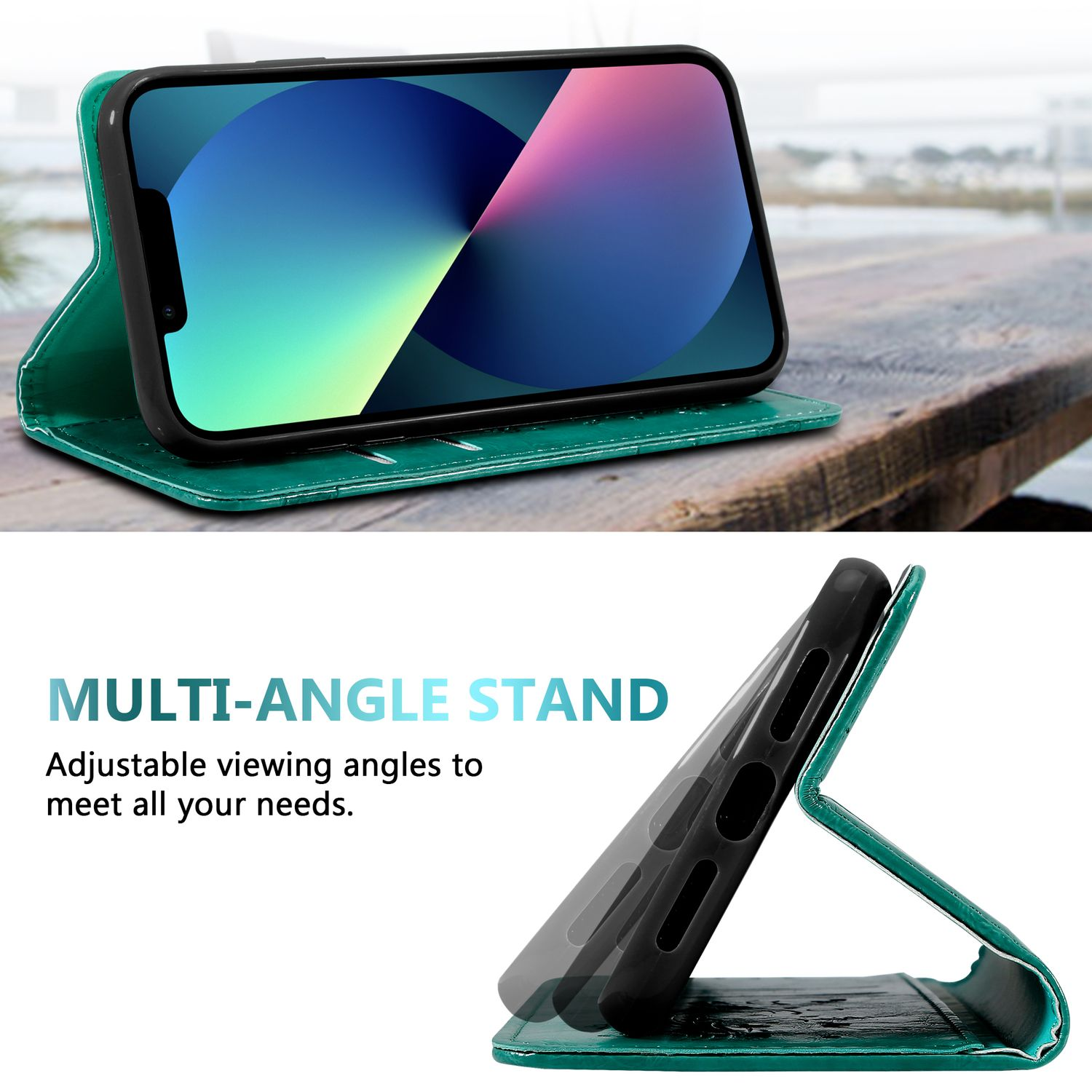 Eine grüne Handyhülle mit einem Multi-Winkel-Ständer, zeigt ein Telefon im Ständer.