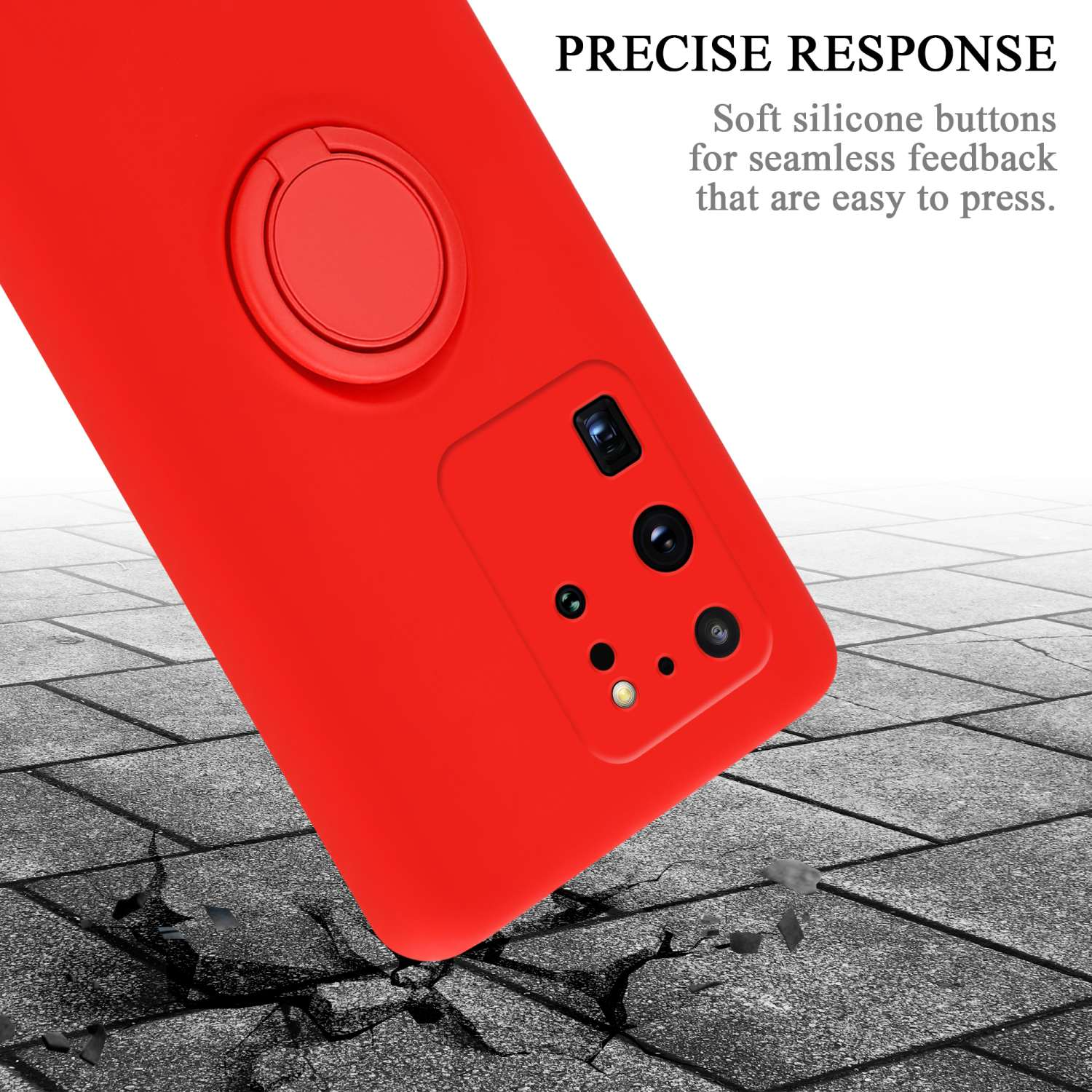Rote Handyhülle mit Kamera, Ringständer und Text: Precise Response. Die Oberfläche ist strukturiert.