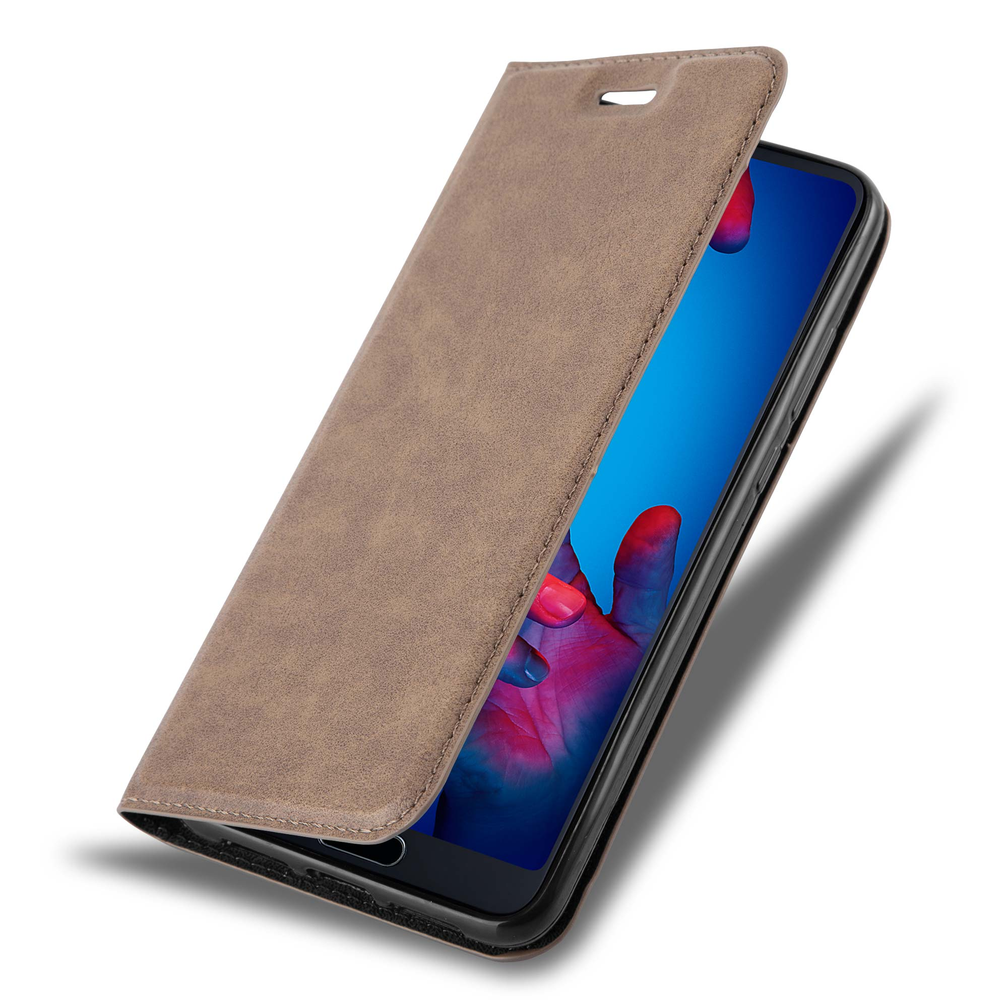 Braune Handyhülle mit geöffnetem Handy. Der Bildschirm zeigt einen blauen und roten Hintergrund.