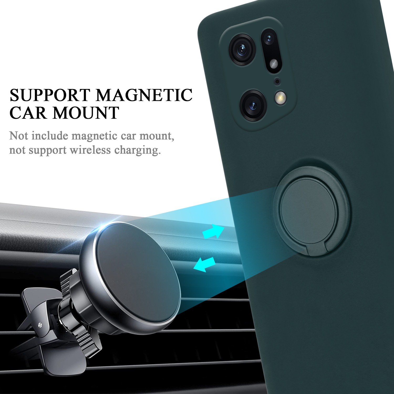 Un supporto per auto nero e argento e una custodia per telefono verde scuro con un supporto ad anello sono mostrati.