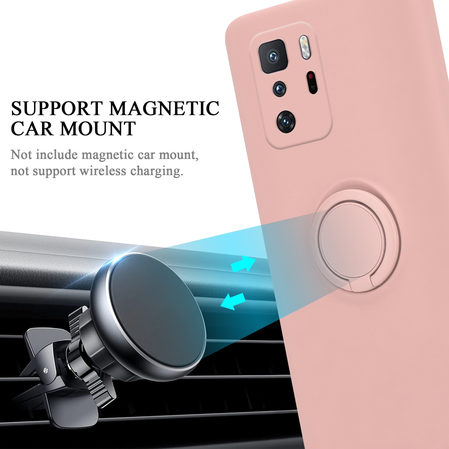 Custodia per telefono rosa con supporto ad anello, attaccata a una presa d'aria per auto. Testo: Support Magnetic Car Mount.
