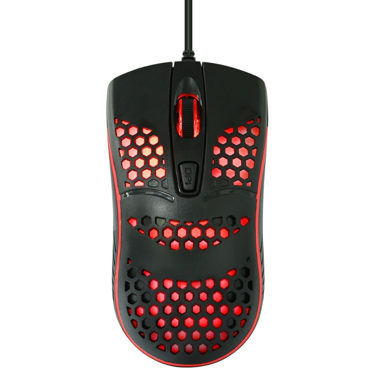 Schwarze Gaming-Maus mit rotem, beleuchtetem Wabenmuster. Sie hat ein Scrollrad und eine DPI-Taste.