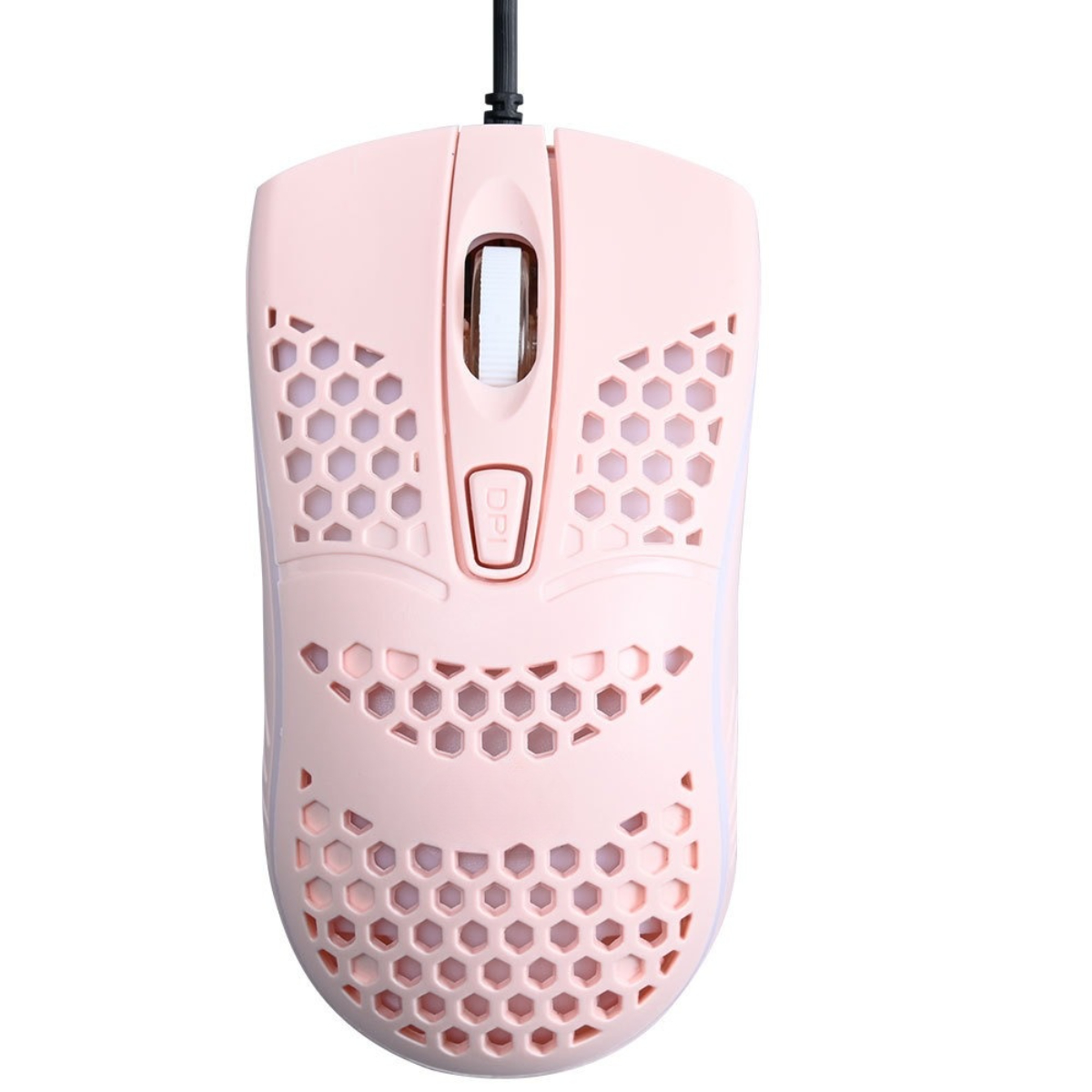 Rosa Gaming-Maus mit Wabenmuster. Sie hat eine DPI-Taste und ein Verbindungskabel.