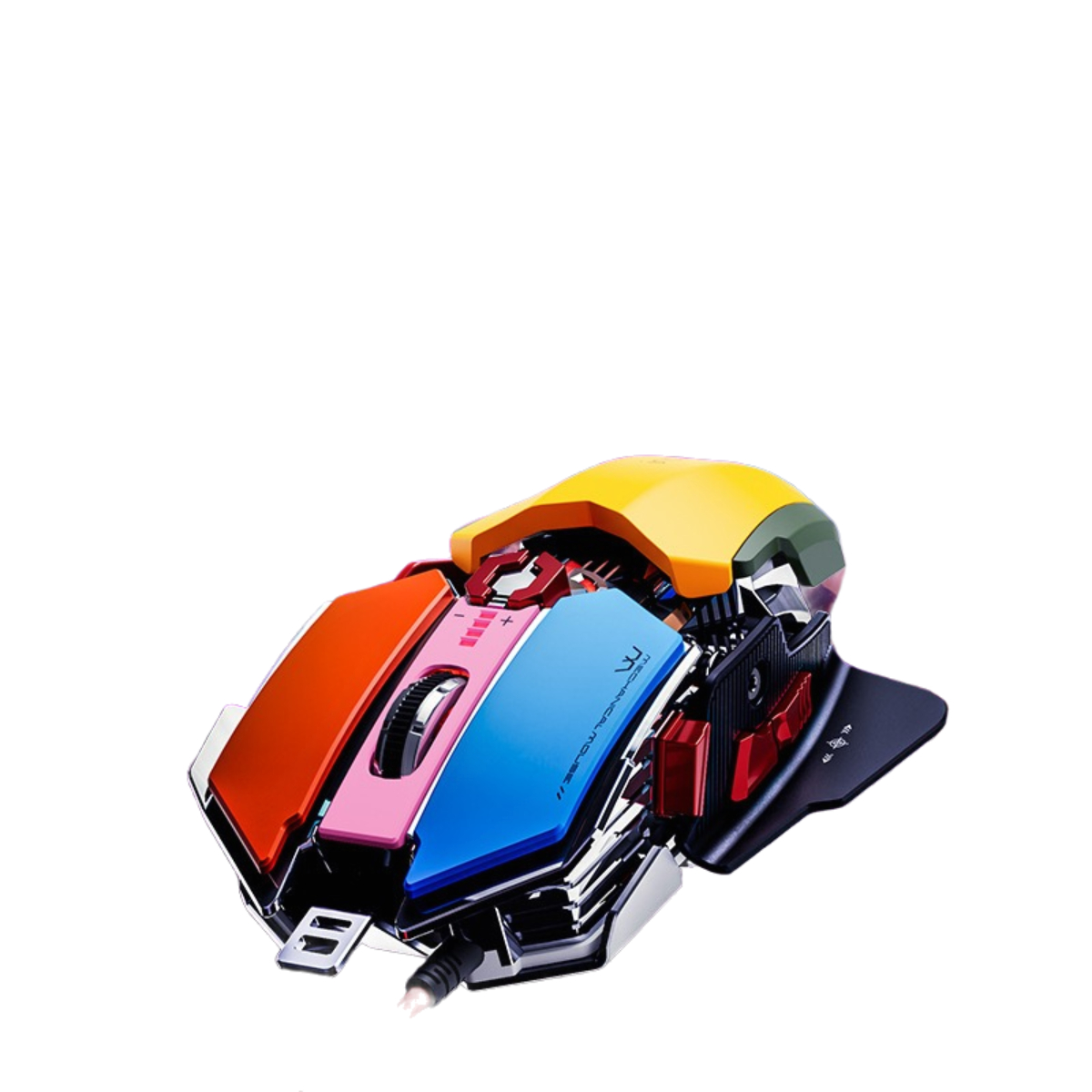 Mehrfarbige Gaming-Maus. Rote, pinke, blaue und gelbe Komponenten. Schwarze Basis.