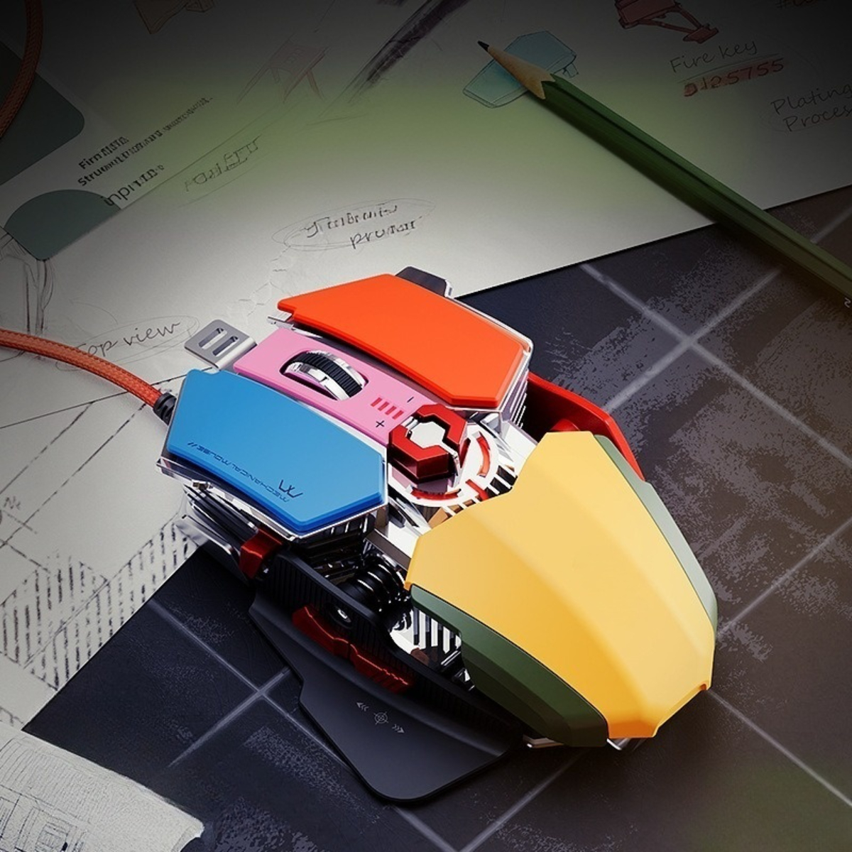 Bunte Gaming-Maus auf einem Schreibtisch mit Bleistift und Zeichnungen im Hintergrund.