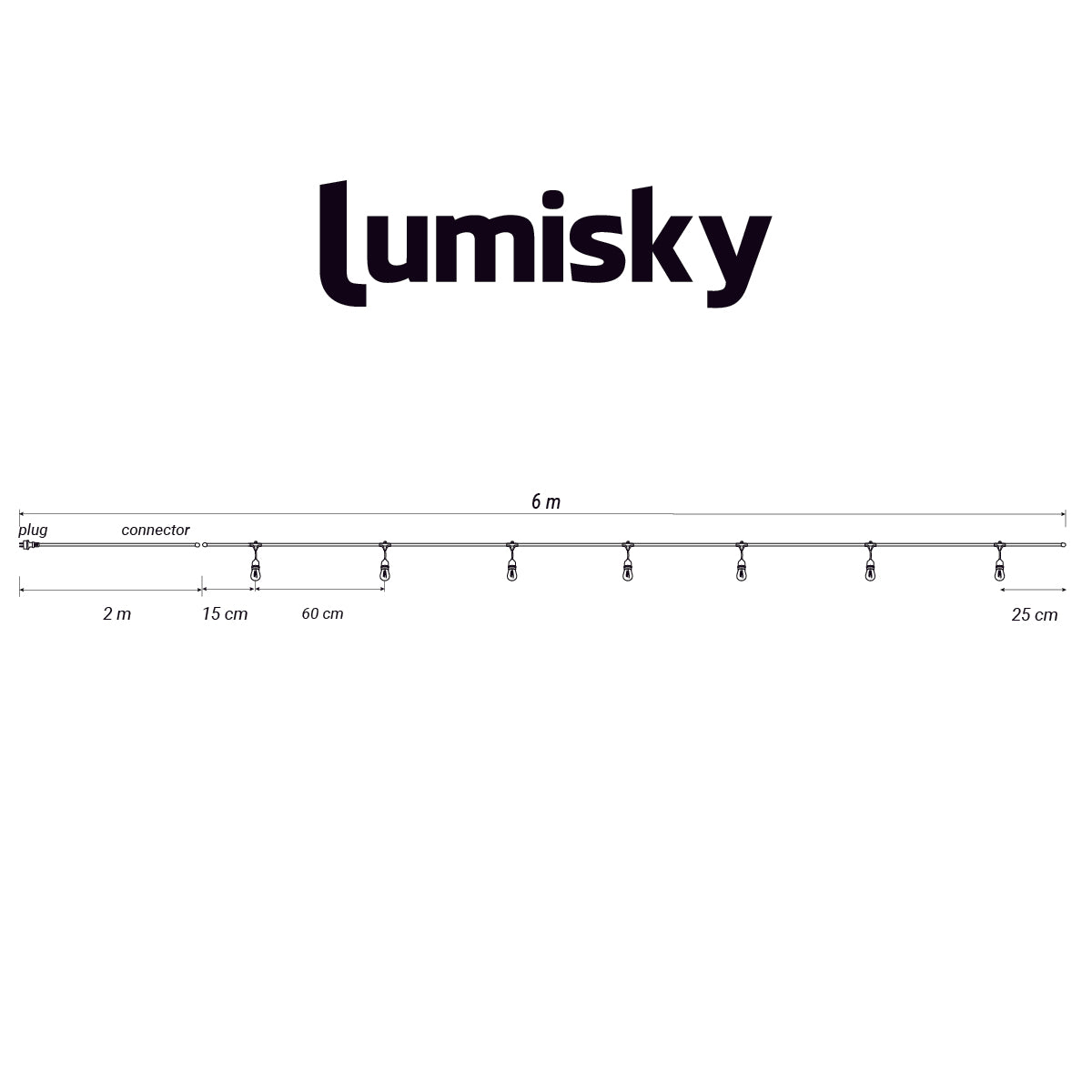 Ein Diagramm einer Lichterkette mit dem Lumisky-Logo darüber, das Abmessungen und Entfernungen angibt.