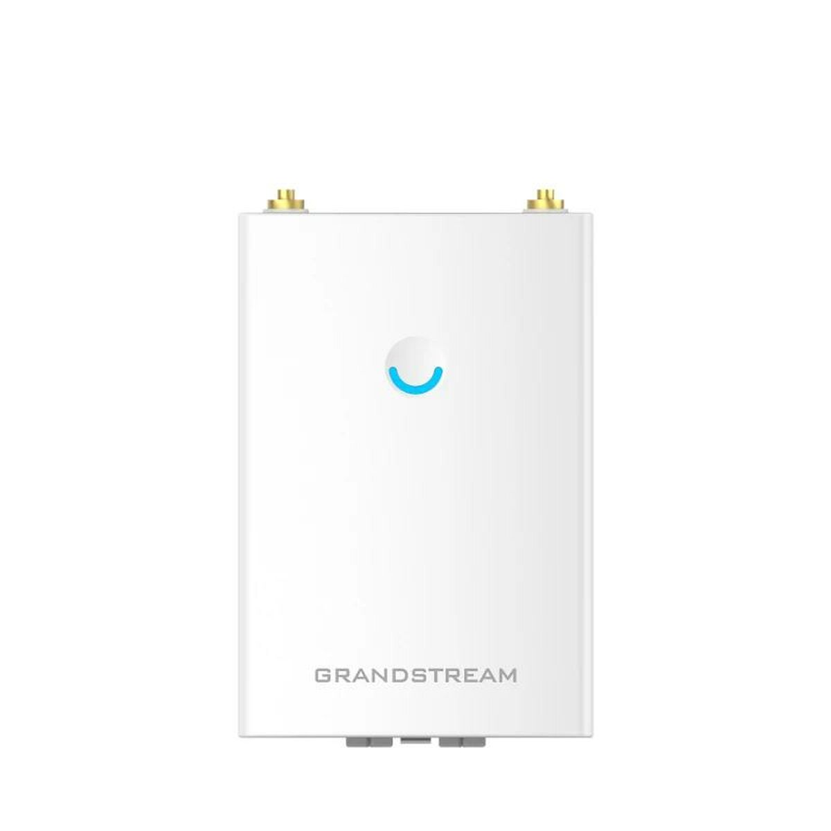 Ein weißes Grandstream-Gerät mit zwei Antennen und blauem Licht auf weißem Hintergrund.