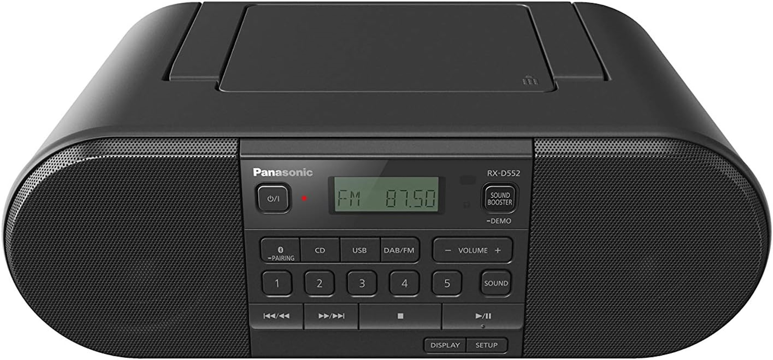Una radio Panasonic nera con pulsanti, un display che mostra 87,50 e due griglie per altoparlanti.