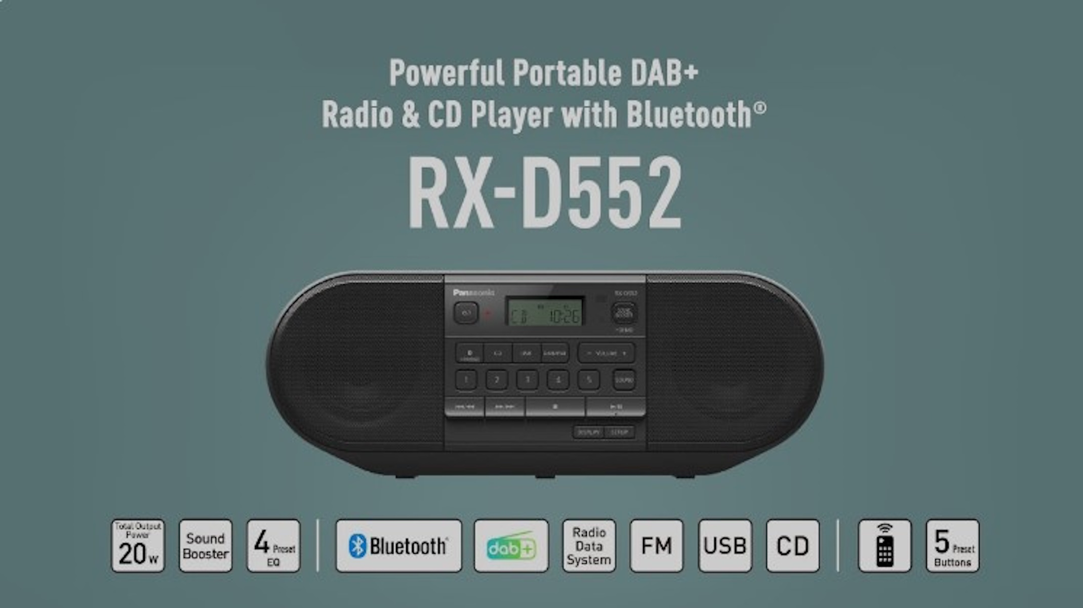 Radio scura con schermo che mostra l'ora, con pulsanti. Testo: RX-D552 e Bluetooth.