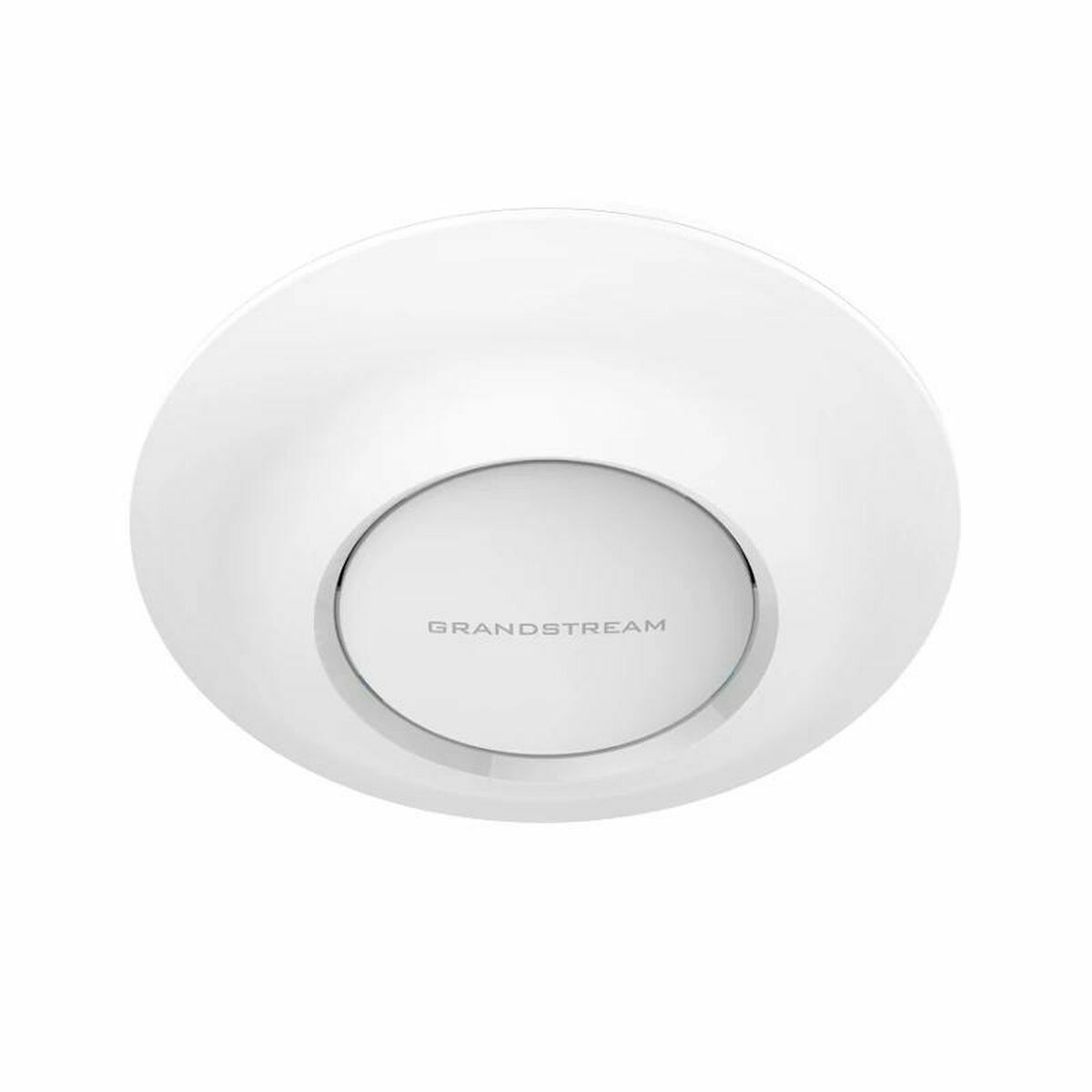 Un punto di accesso bianco e circolare montato a soffitto con 'GRANDSTREAM' stampato al centro.