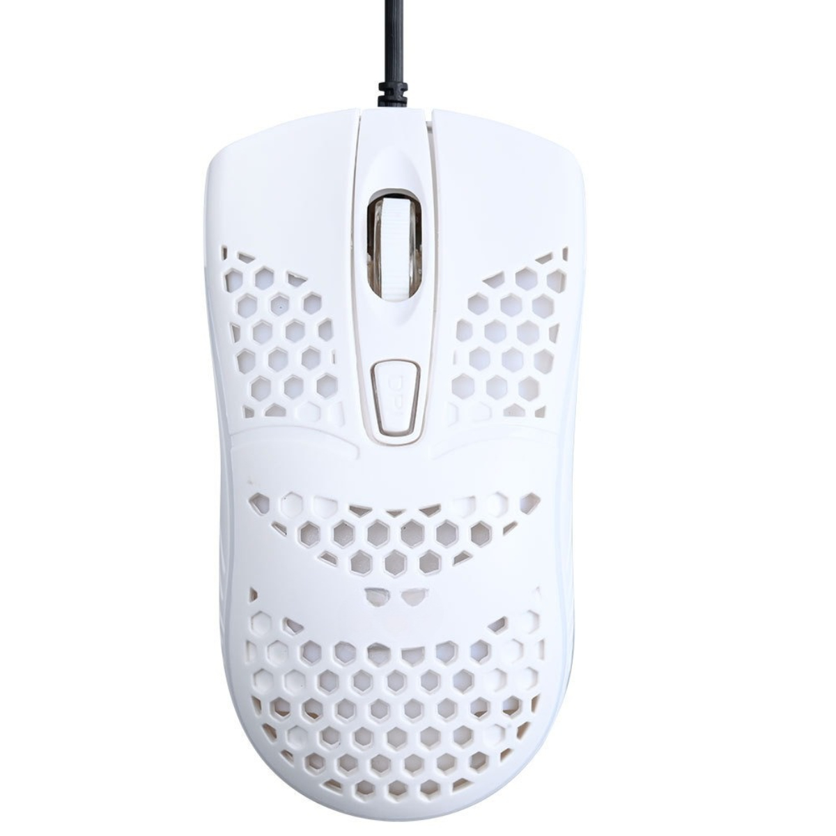 Weiße Gaming-Maus mit Wabenmuster und schwarzem Kabel.