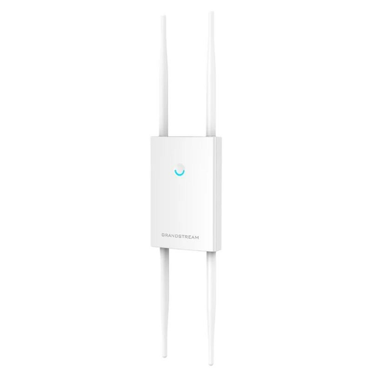 Un router Brandstream bianco con due antenne che si estendono verso l'alto, in piedi su una superficie bianca.