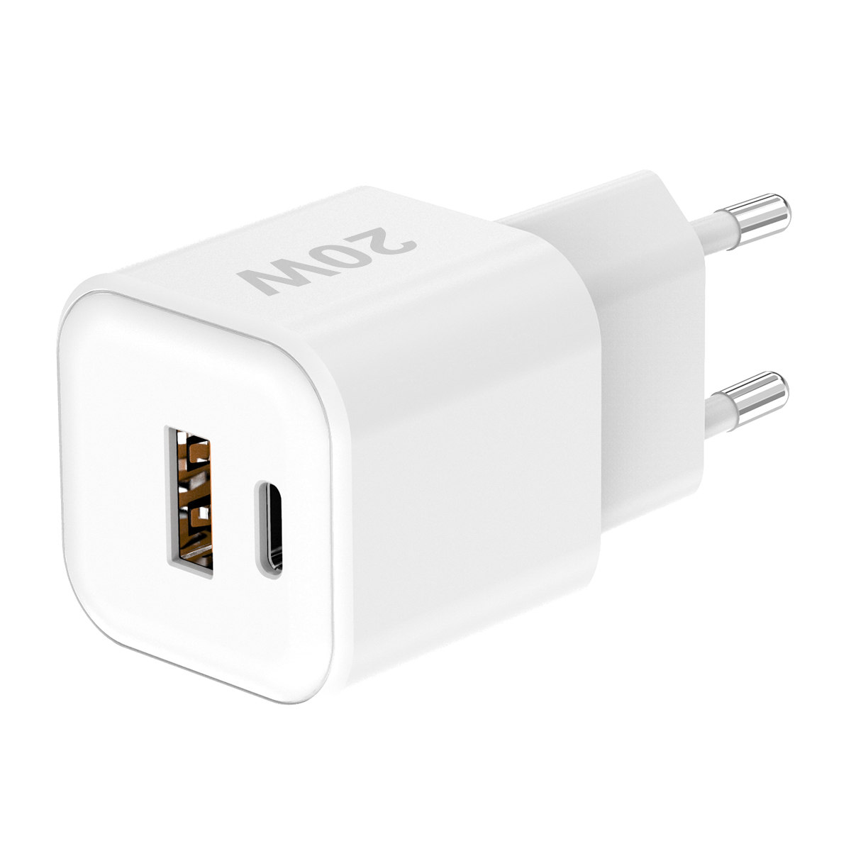 Weißes 20-W-Ladegerät mit USB- und USB-C-Anschluss, mit EU-Steckerstiften.